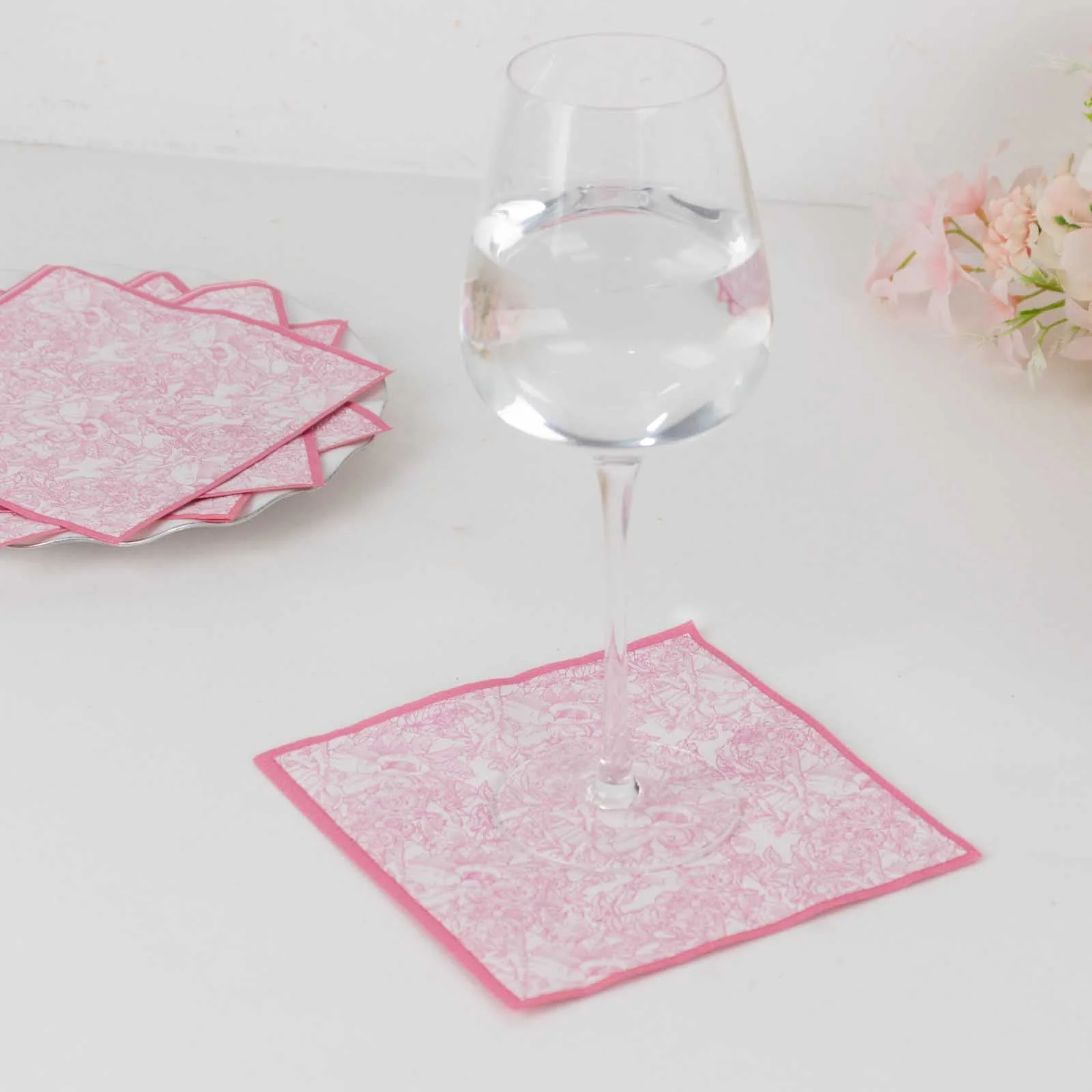 25-Pack Paper Cocktail Napkins 2 Ply White/Pink with French Toile Print 6.25"x6.25" - Soft and Absorbent Disposable Napkins - Image 4