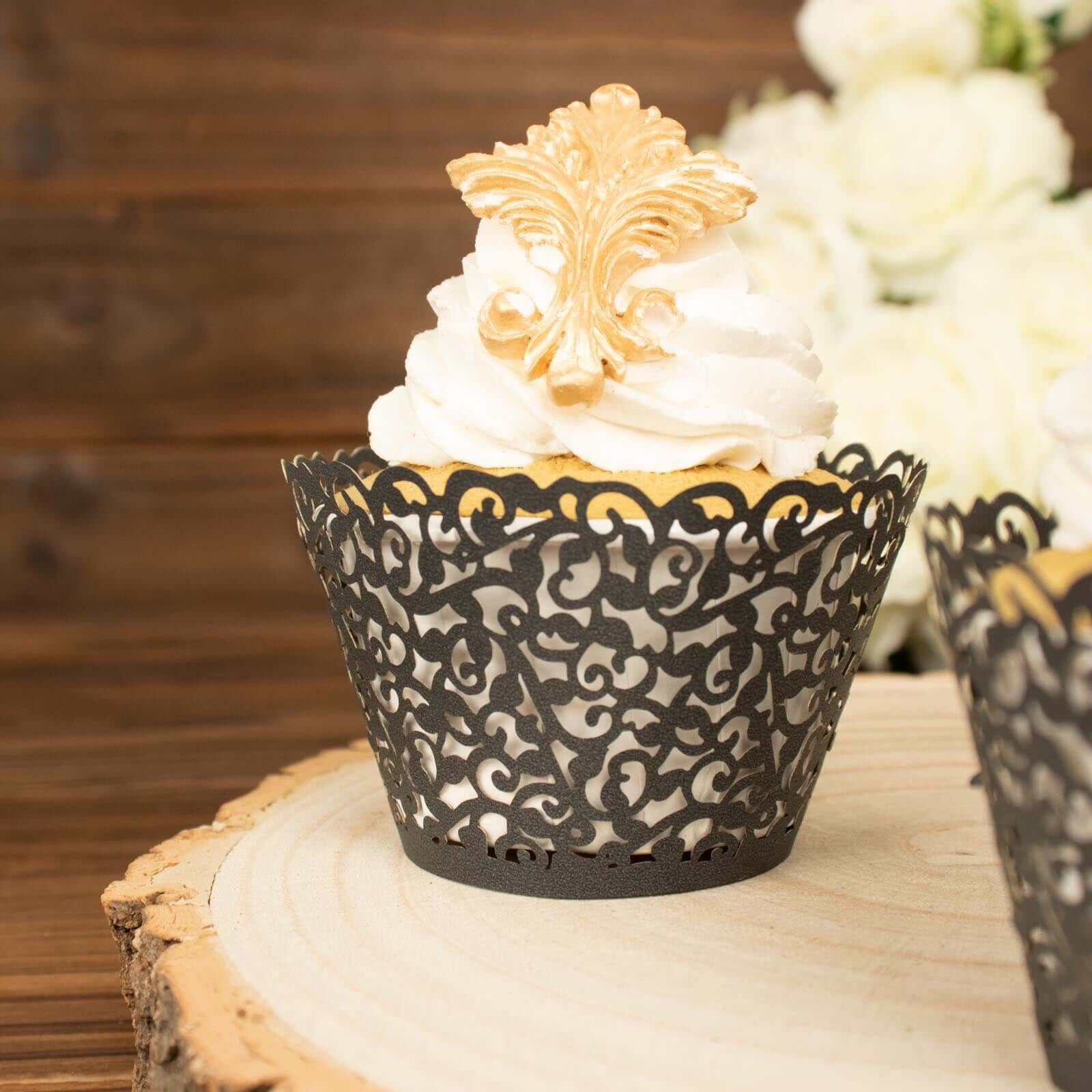 25-Pack Paper Cupcake Wrappers Black Lace Laser Cut Design - Muffin Baking Cup Trays for Events - Image 6