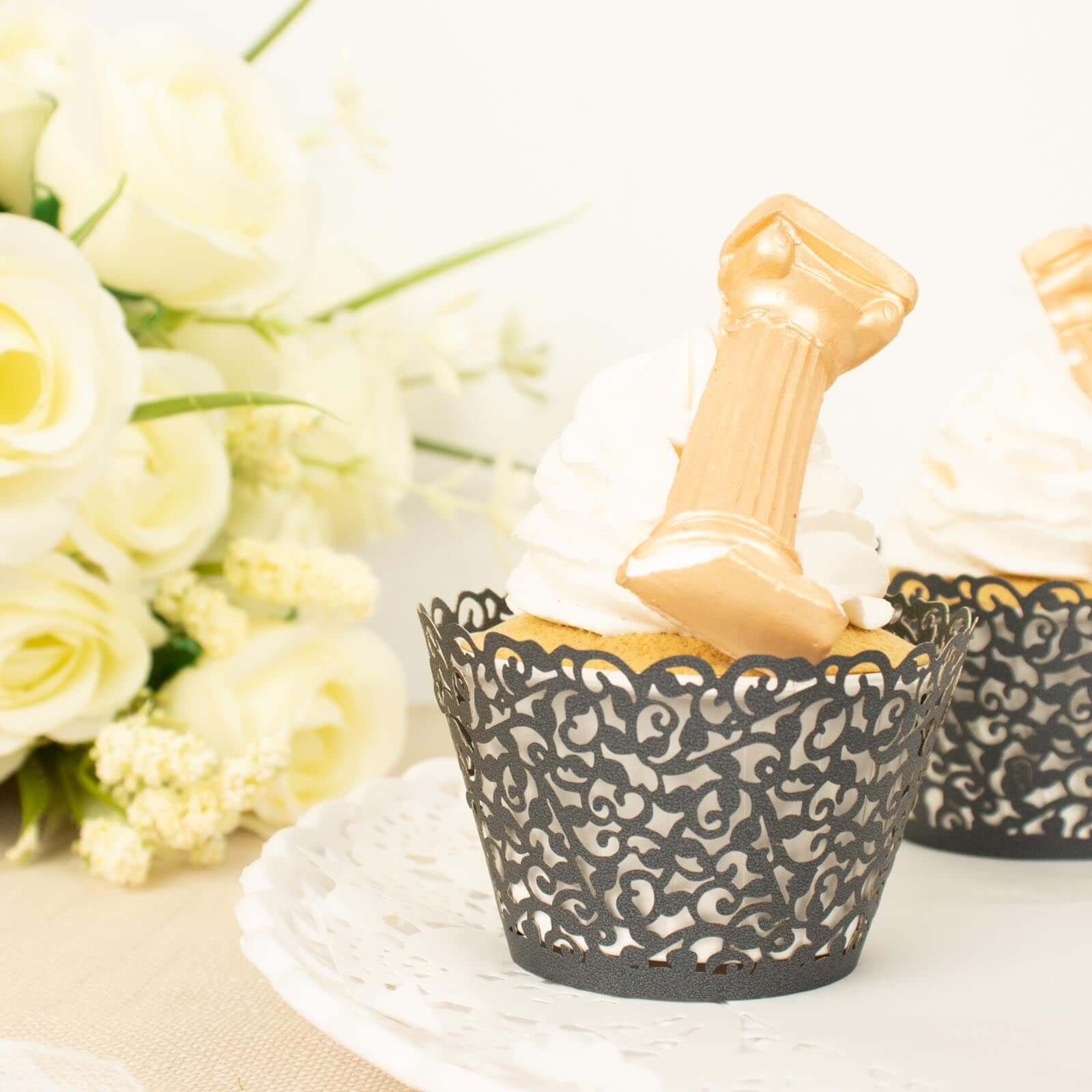 25-Pack Paper Cupcake Wrappers Black Lace Laser Cut Design - Muffin Baking Cup Trays for Events - Image 8