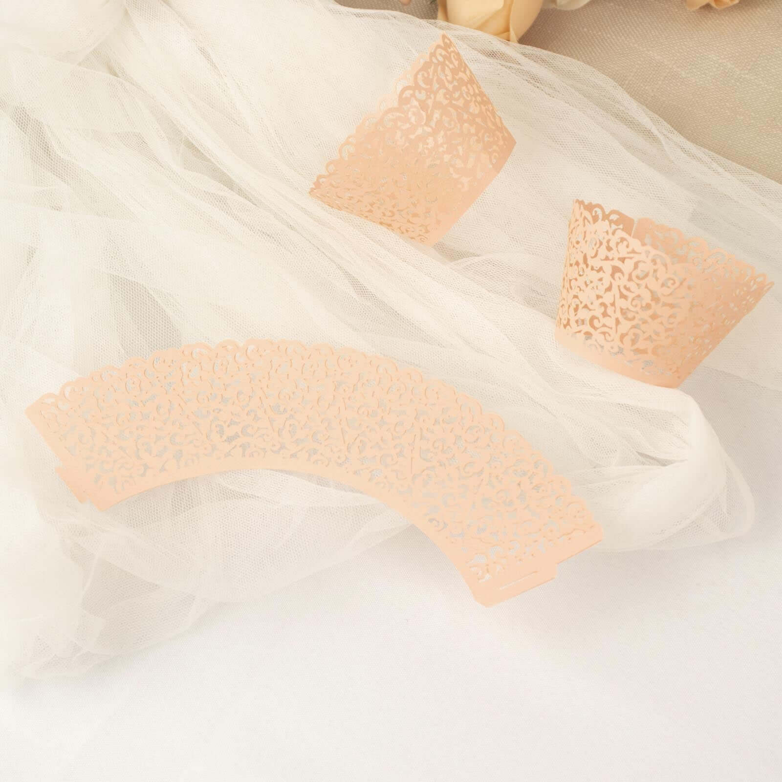 25-Pack Paper Cupcake Wrappers Blush Lace Laser Cut Design - Muffin Baking Cup Trays for Events - Image 12