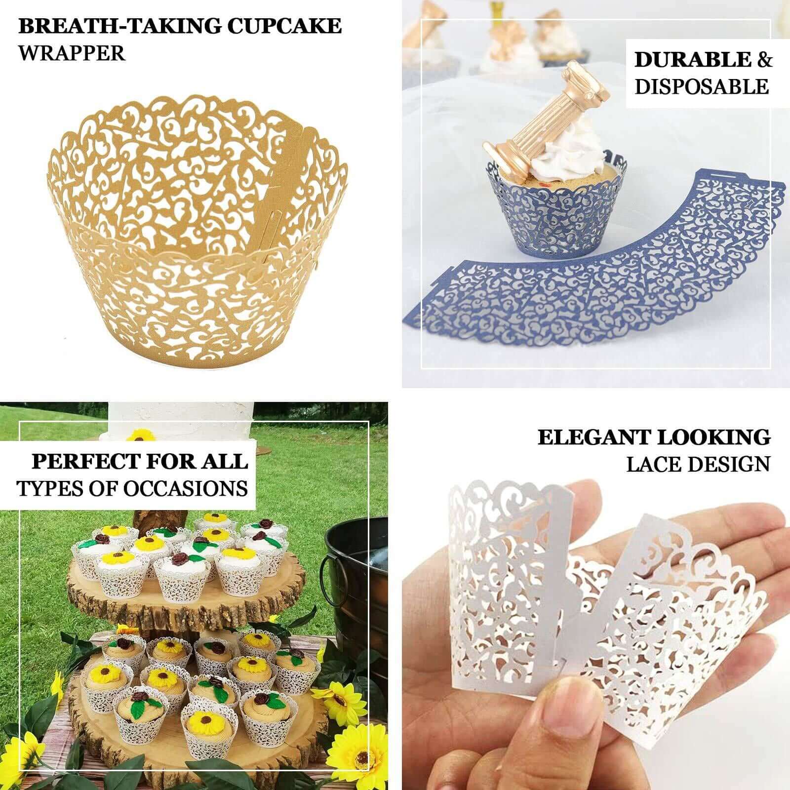 25-Pack Paper Cupcake Wrappers Light Blue Lace Laser Cut Design - Muffin Baking Cup Trays for Events - Image 4
