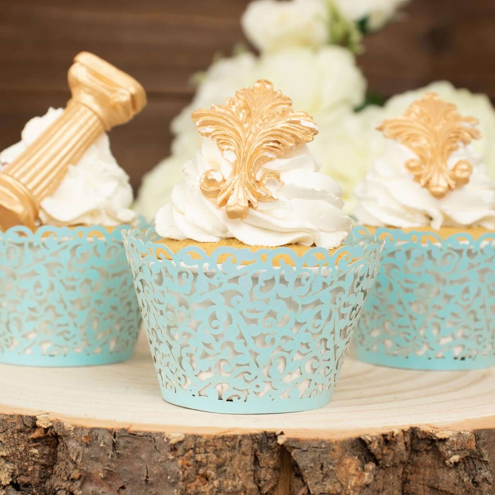 25-Pack Paper Cupcake Wrappers Light Blue Lace Laser Cut Design - Muffin Baking Cup Trays for Events - Image 9