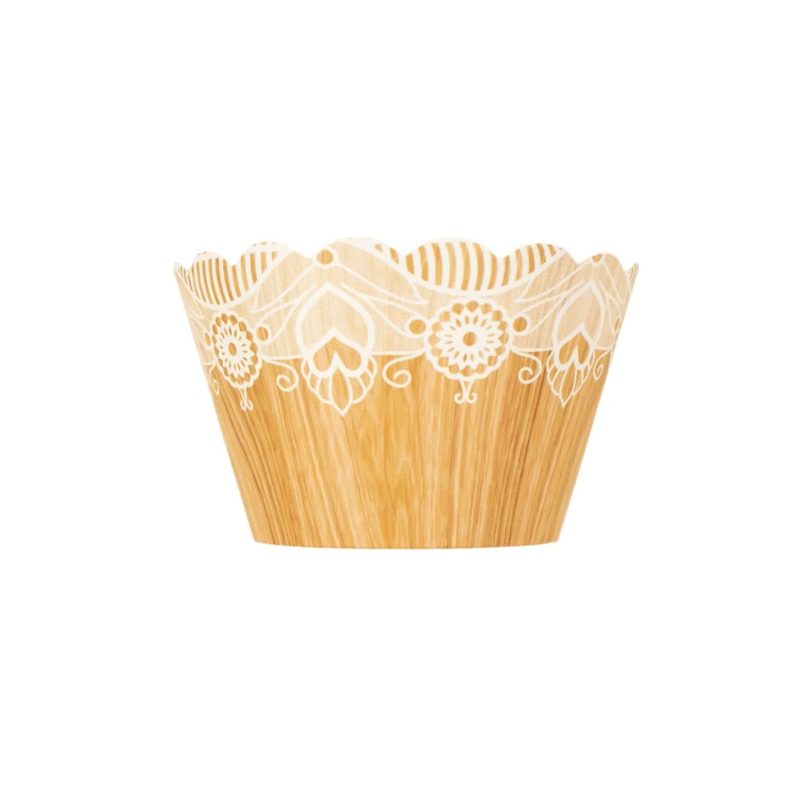 25-Pack Paper Cupcake Wrappers Natural Wood Grain and Lace Print Design - Boho Muffin Baking Cup Wraps - Image 13