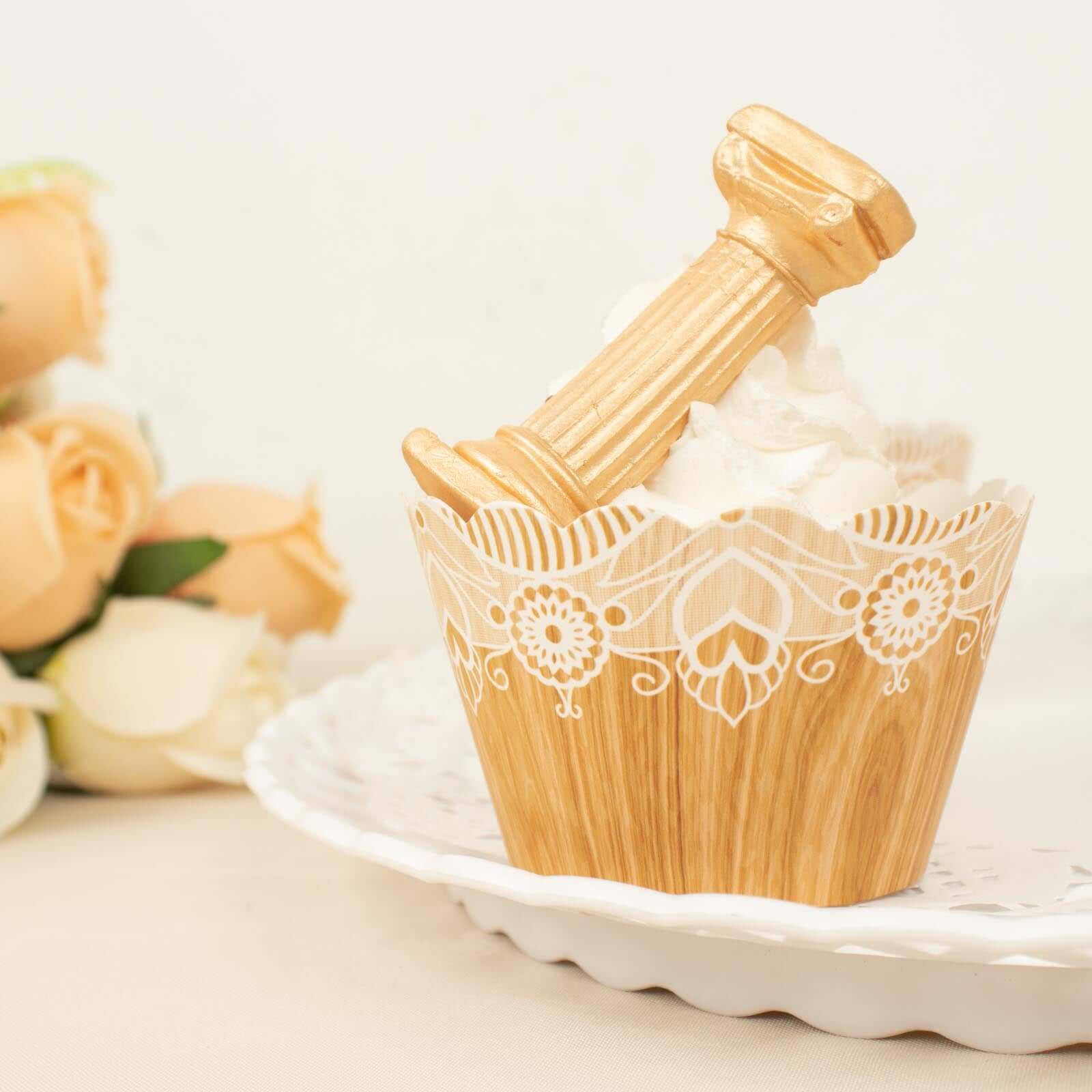 25-Pack Paper Cupcake Wrappers Natural Wood Grain and Lace Print Design - Boho Muffin Baking Cup Wraps - Image 6