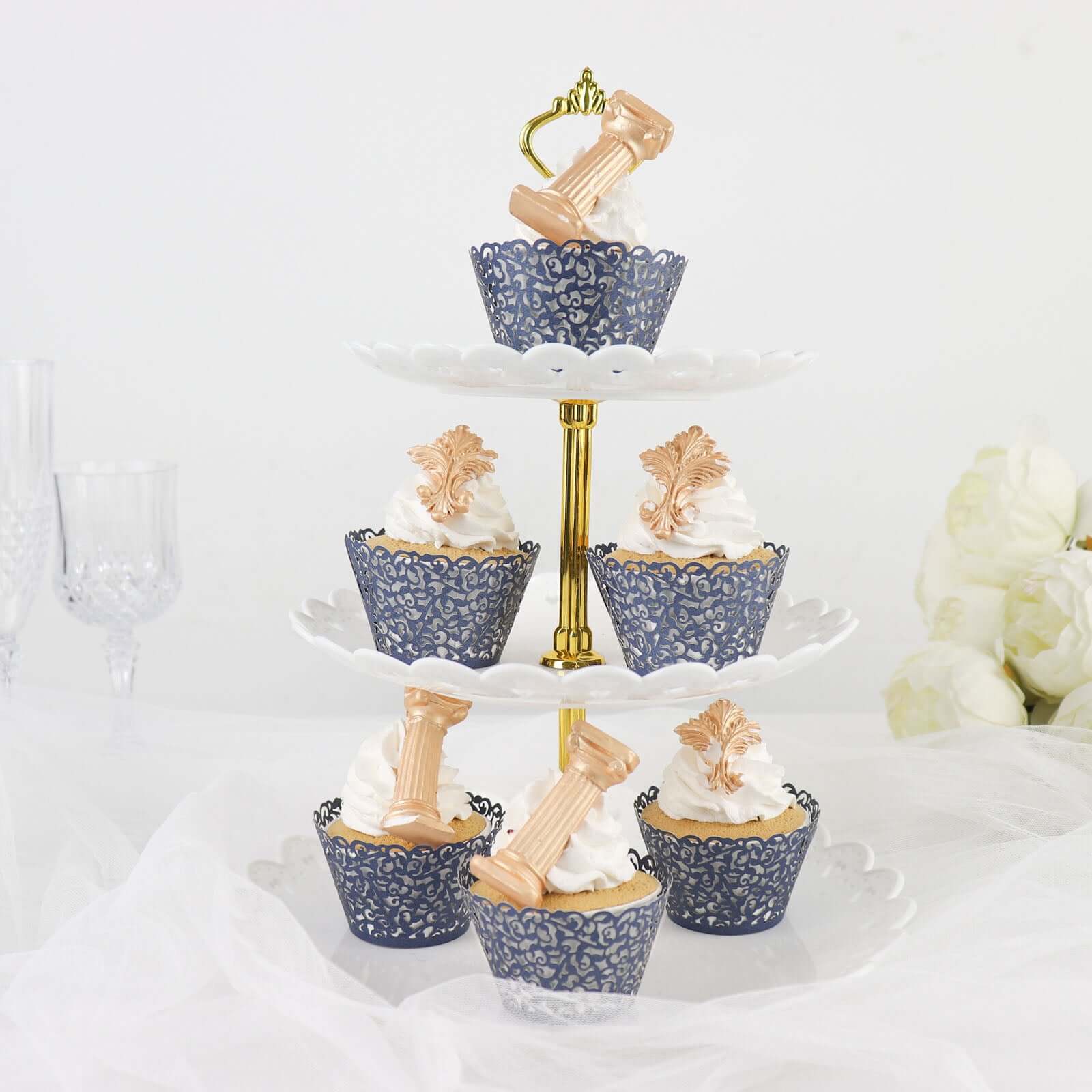 25-Pack Paper Cupcake Wrappers Navy Blue Lace Laser Cut Design - Muffin Baking Cup Trays for Events - Image 15