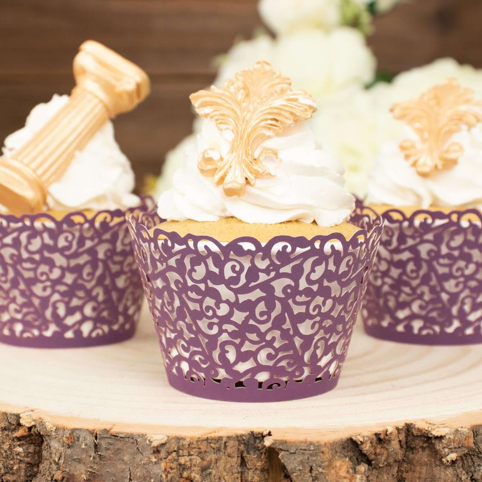 25-Pack Paper Cupcake Wrappers Purple Lace Laser Cut Design - Muffin Baking Cup Trays for Events - Image 9