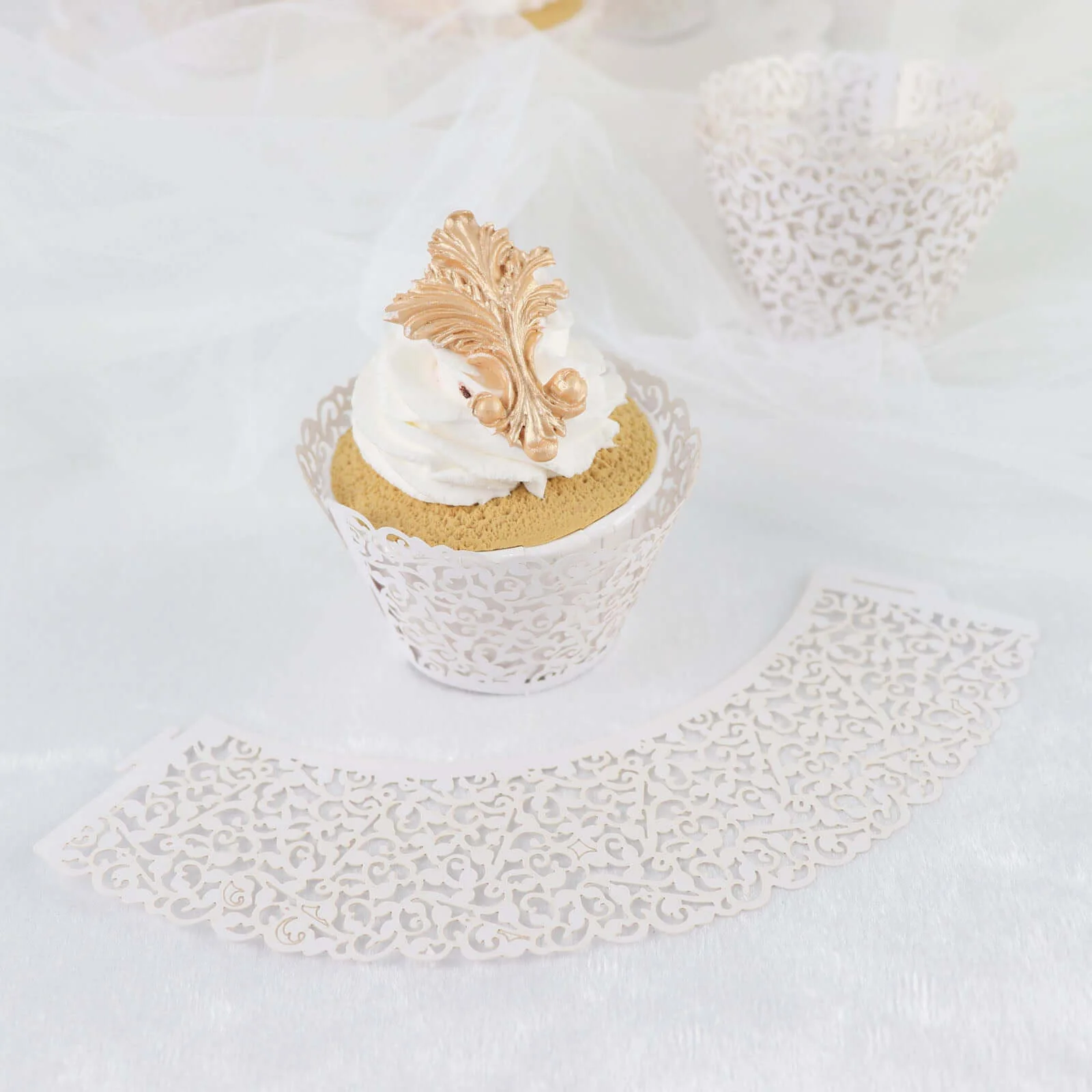 25-Pack Paper Cupcake Wrappers White Lace Laser Cut Design - Muffin Baking Cup Trays for Events