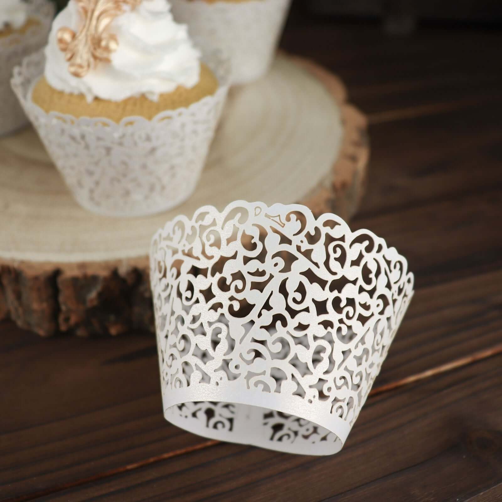 25-Pack Paper Cupcake Wrappers White Lace Laser Cut Design - Muffin Baking Cup Trays for Events - Image 8