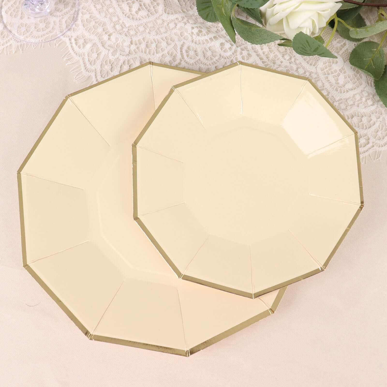 25-Pack Paper Decagon Appetizer Plates 7" Beige with Gold Foil Rim - Modern Geometric Dessert/Salad Plates for Stylish Tablescapes