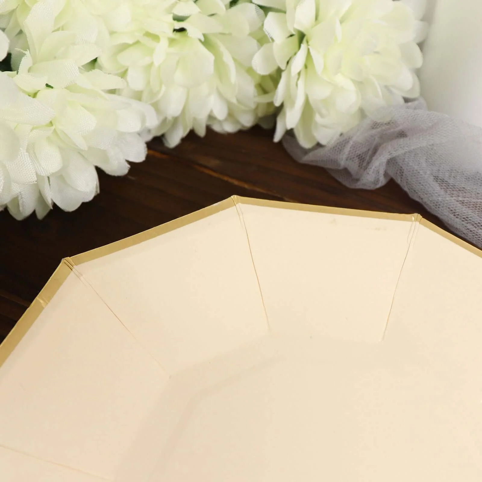 25-Pack Paper Decagon Appetizer Plates 7" Beige with Gold Foil Rim - Modern Geometric Dessert/Salad Plates for Stylish Tablescapes - Image 10