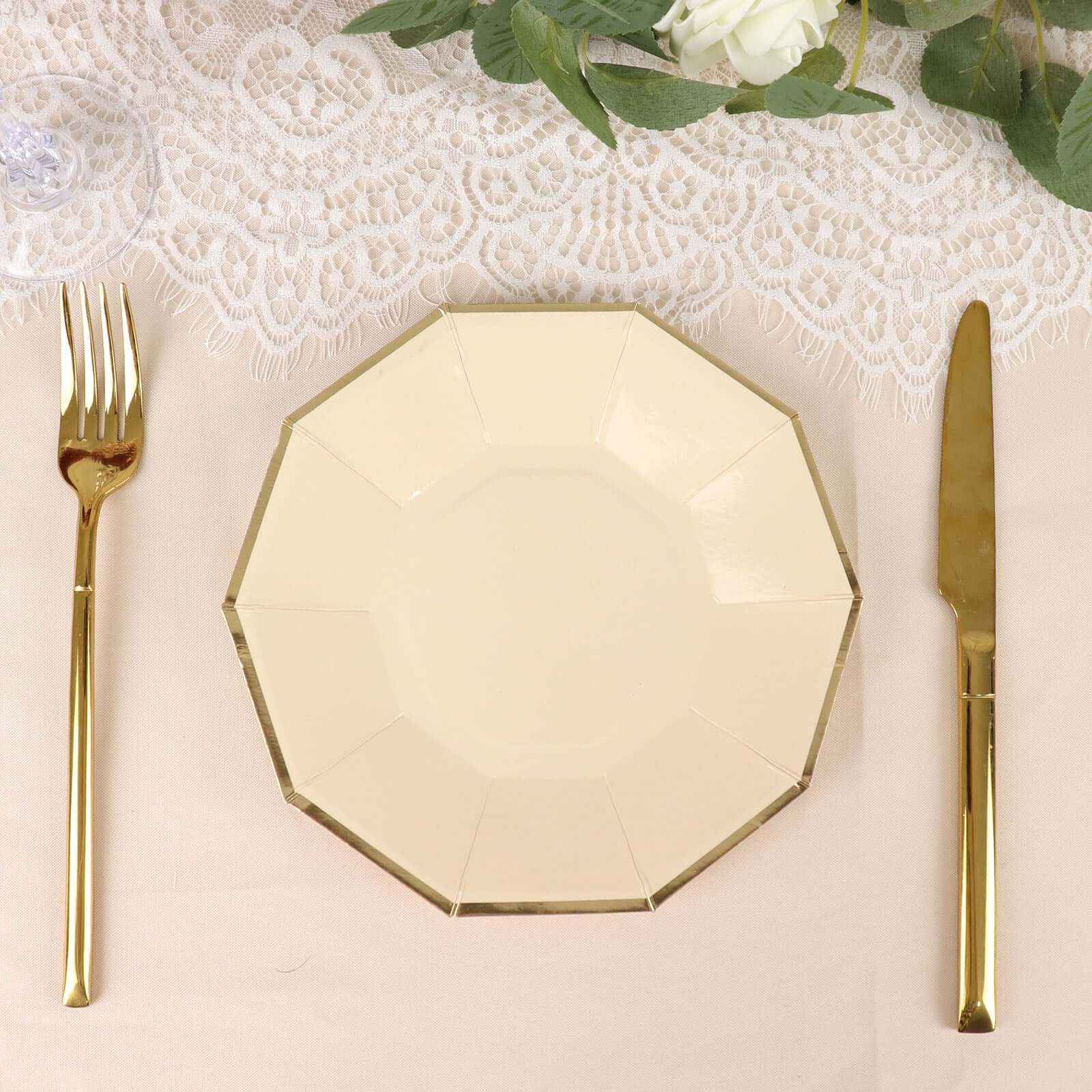 25-Pack Paper Decagon Appetizer Plates 7" Beige with Gold Foil Rim - Modern Geometric Dessert/Salad Plates for Stylish Tablescapes - Image 12