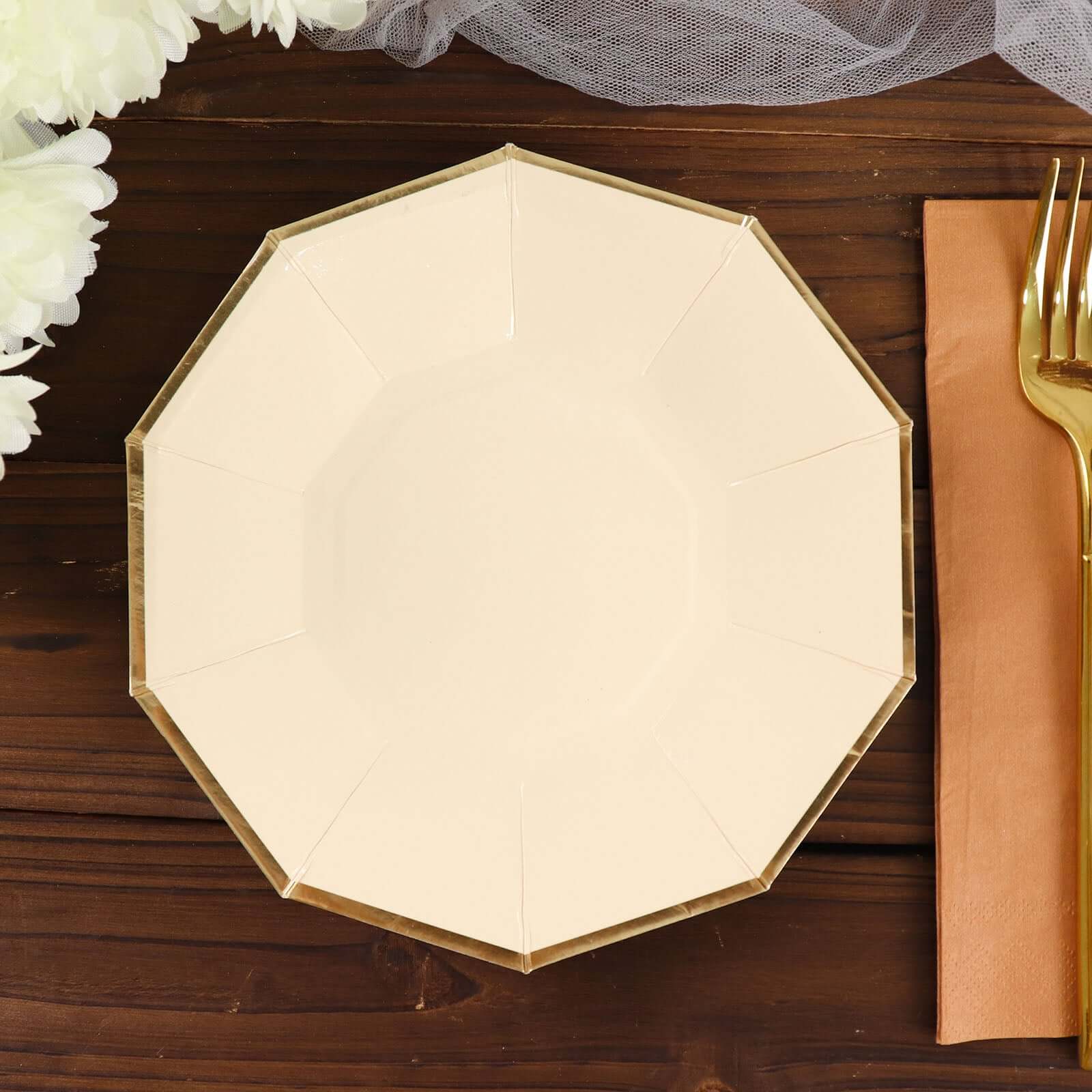25-Pack Paper Decagon Appetizer Plates 7" Beige with Gold Foil Rim - Modern Geometric Dessert/Salad Plates for Stylish Tablescapes - Image 14