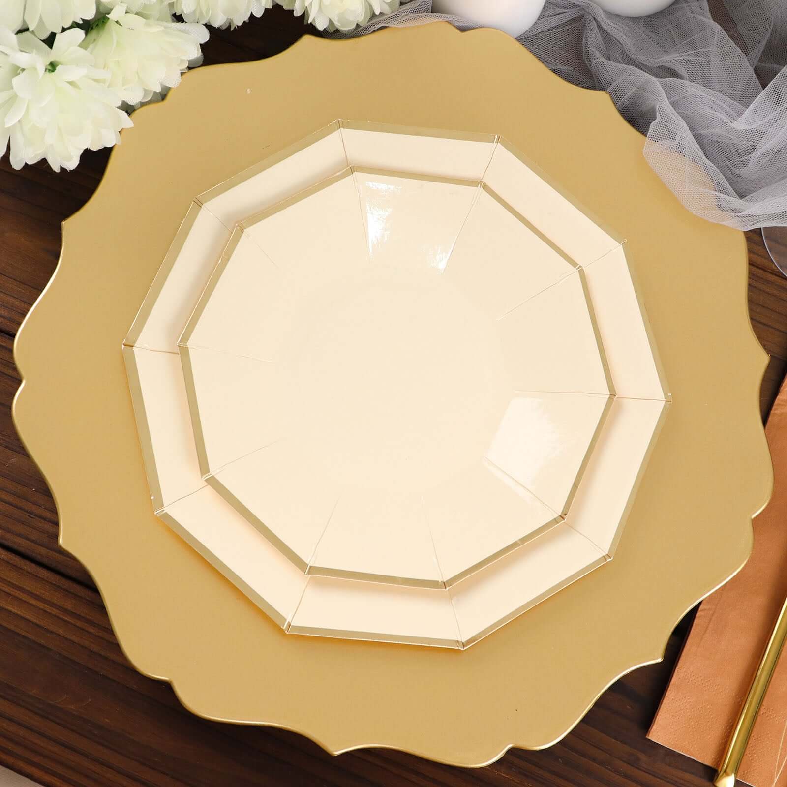 25-Pack Paper Decagon Appetizer Plates 7" Beige with Gold Foil Rim - Modern Geometric Dessert/Salad Plates for Stylish Tablescapes - Image 2