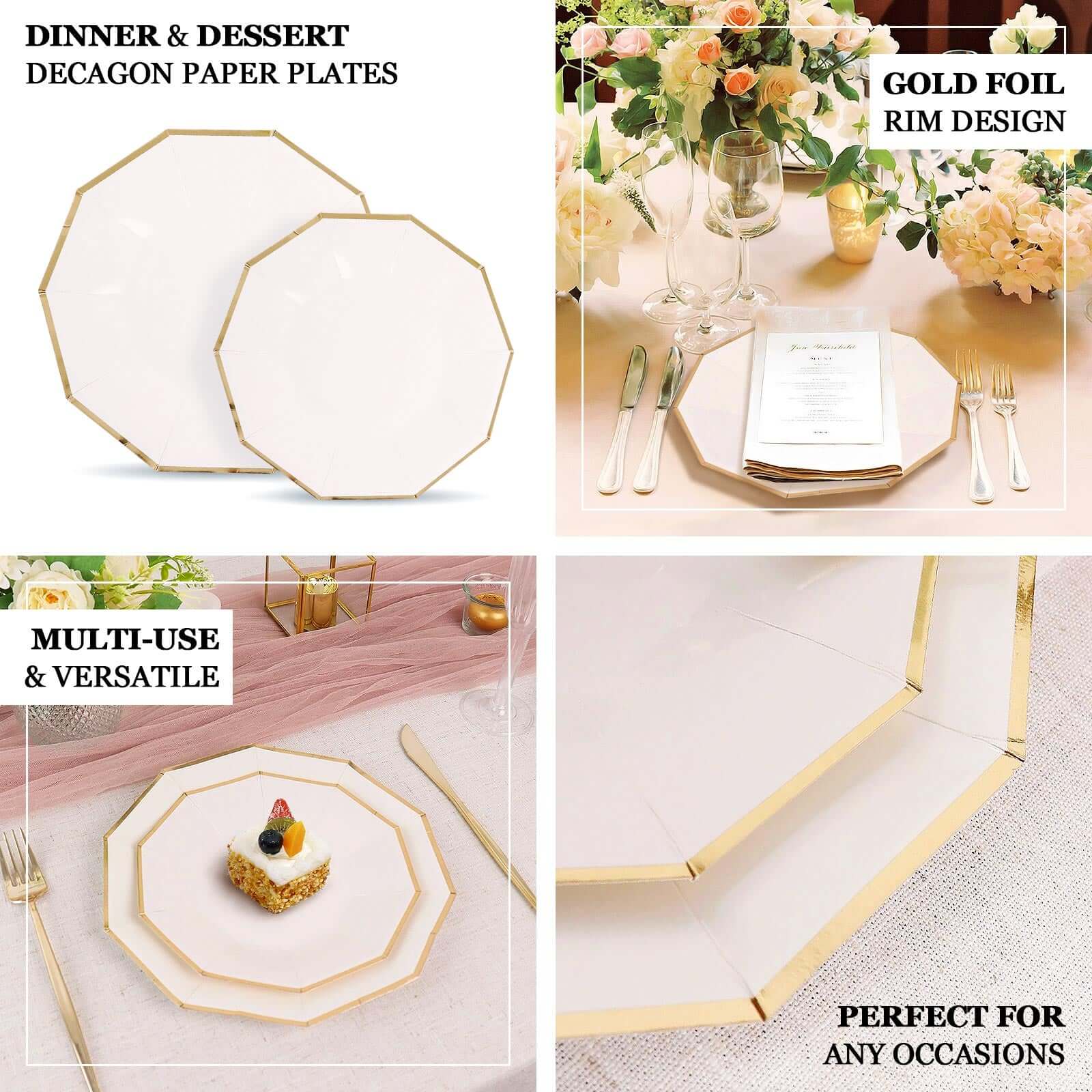 25-Pack Paper Decagon Appetizer Plates 7" Beige with Gold Foil Rim - Modern Geometric Dessert/Salad Plates for Stylish Tablescapes - Image 5