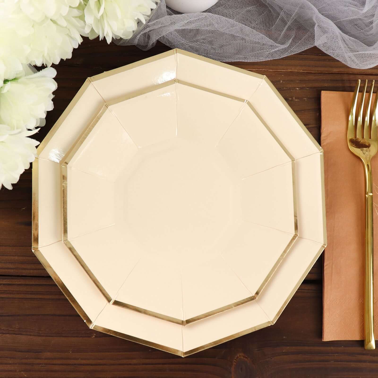 25-Pack Paper Decagon Appetizer Plates 7" Beige with Gold Foil Rim - Modern Geometric Dessert/Salad Plates for Stylish Tablescapes - Image 6