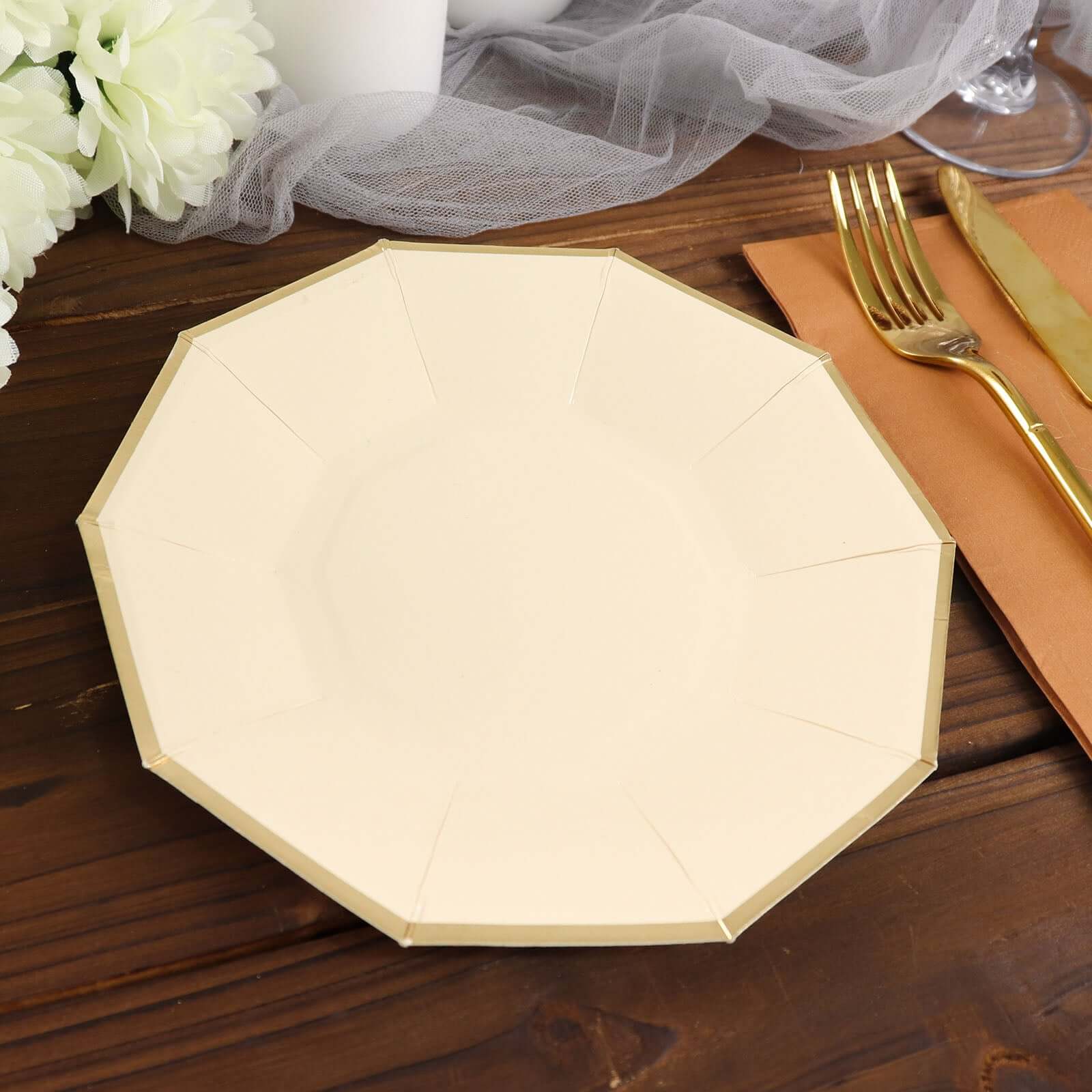 25-Pack Paper Decagon Appetizer Plates 7" Beige with Gold Foil Rim - Modern Geometric Dessert/Salad Plates for Stylish Tablescapes - Image 8