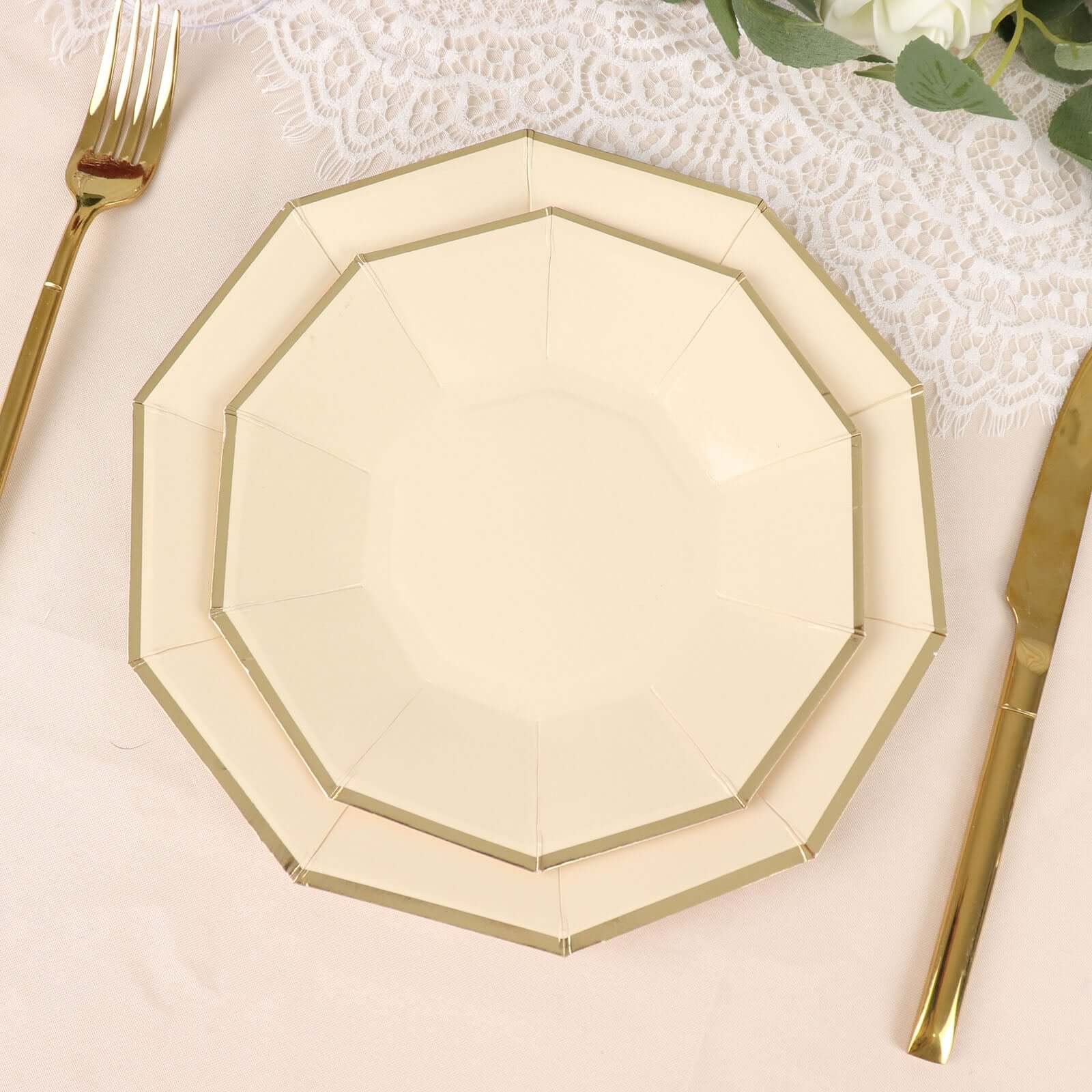 25-Pack Paper Decagon Appetizer Plates 7" Beige with Gold Foil Rim - Modern Geometric Dessert/Salad Plates for Stylish Tablescapes - Image 9