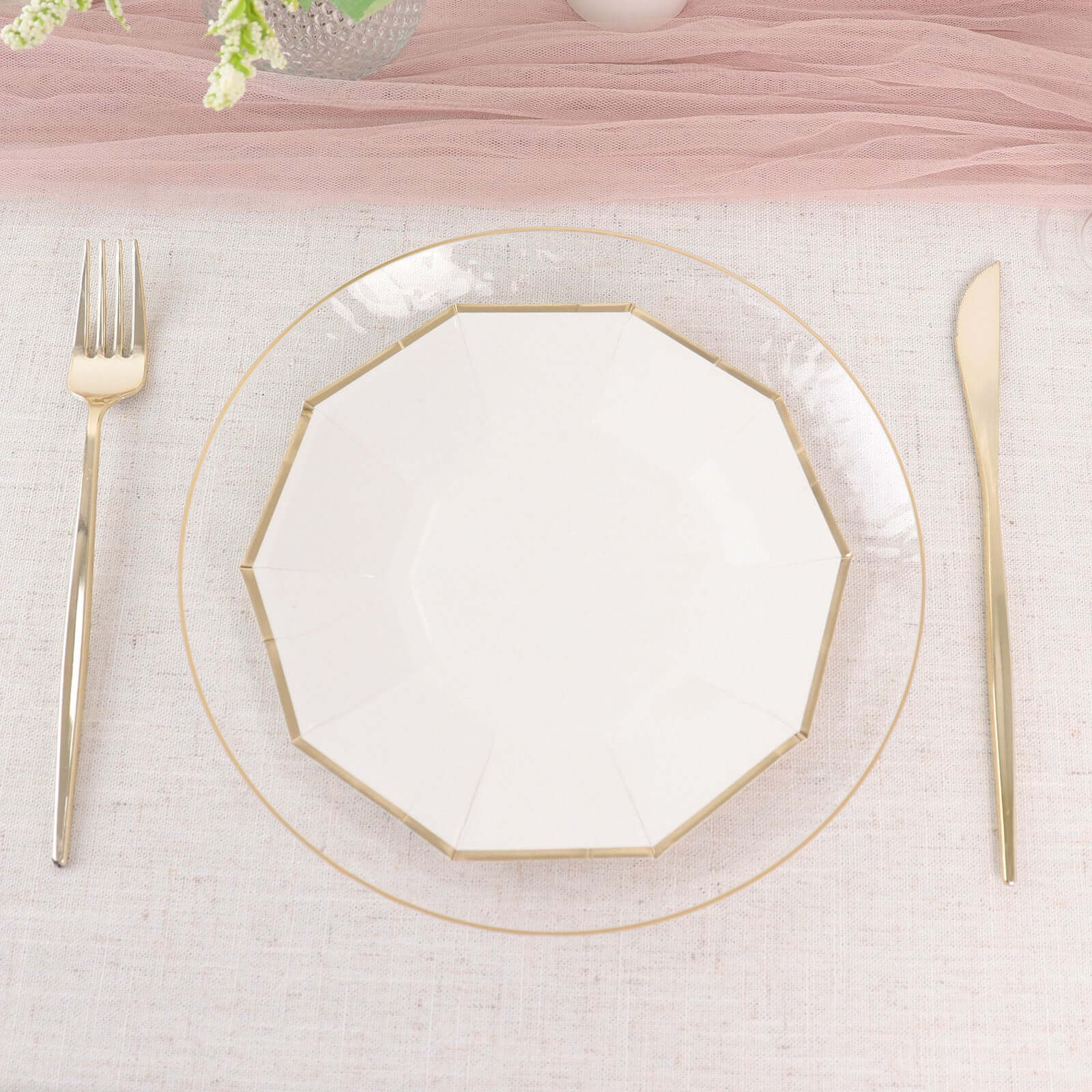 25-Pack Paper Decagon Appetizer Plates 7" White with Gold Foil Rim - Modern Geometric Dessert/Salad Plates for Stylish Tablescapes - Image 9