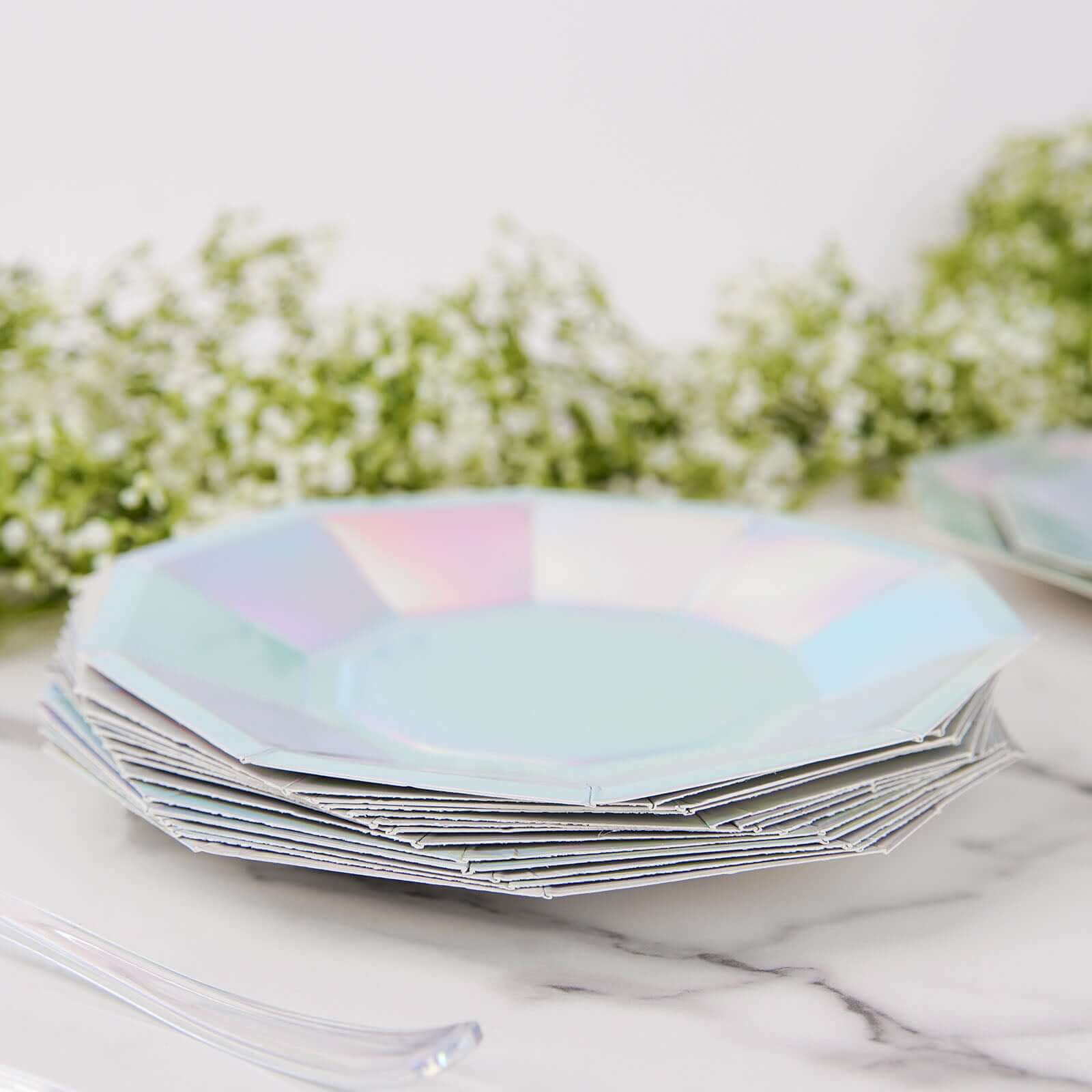 25-Pack Paper Decagon Dessert Plates 7.5" Iridescent - Disposable Geometric Salad Plates for Disco & Space Themed Events - Image 10