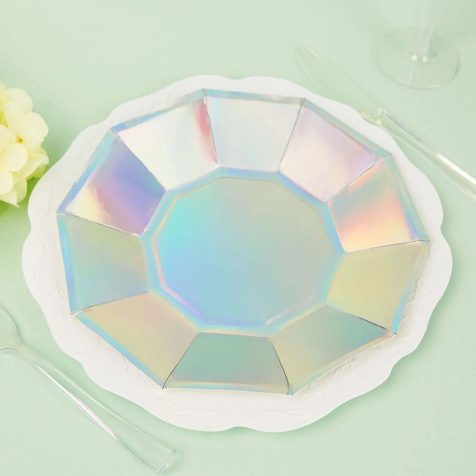 25-Pack Paper Decagon Dessert Plates 7.5" Iridescent - Disposable Geometric Salad Plates for Disco & Space Themed Events - Image 14