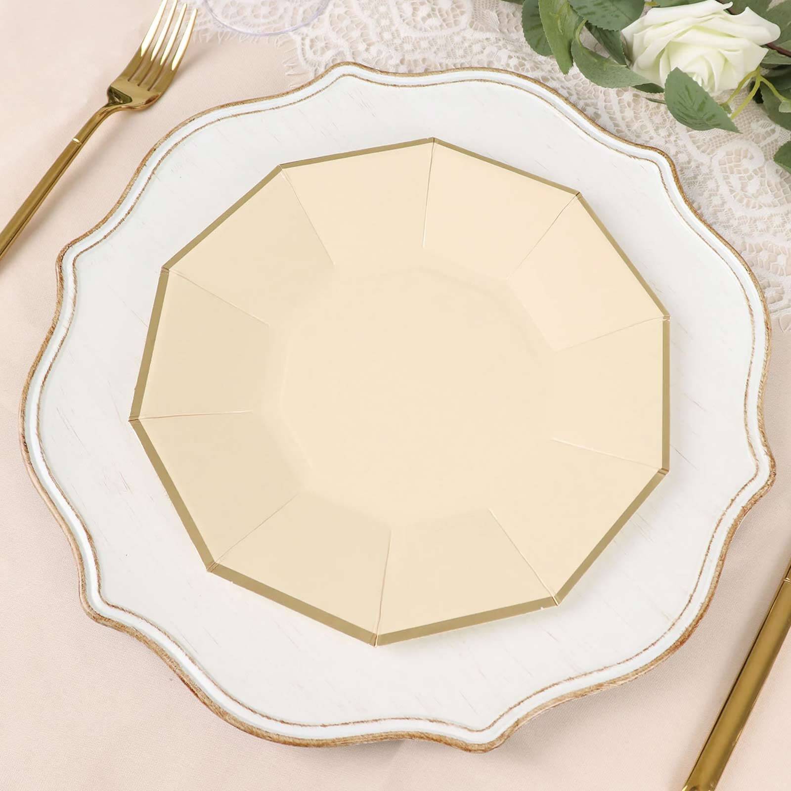 25-Pack Paper Decagon Dinner Plates 9" Beige with Gold Foil Rim - Geometric Disposable Party Plates for Banquets & Celebrations