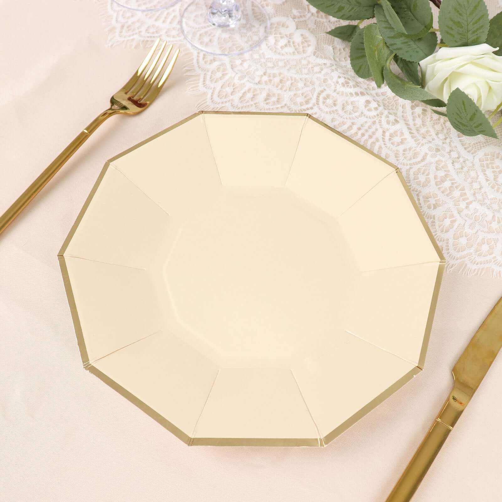 25-Pack Paper Decagon Dinner Plates 9" Beige with Gold Foil Rim - Geometric Disposable Party Plates for Banquets & Celebrations - Image 11