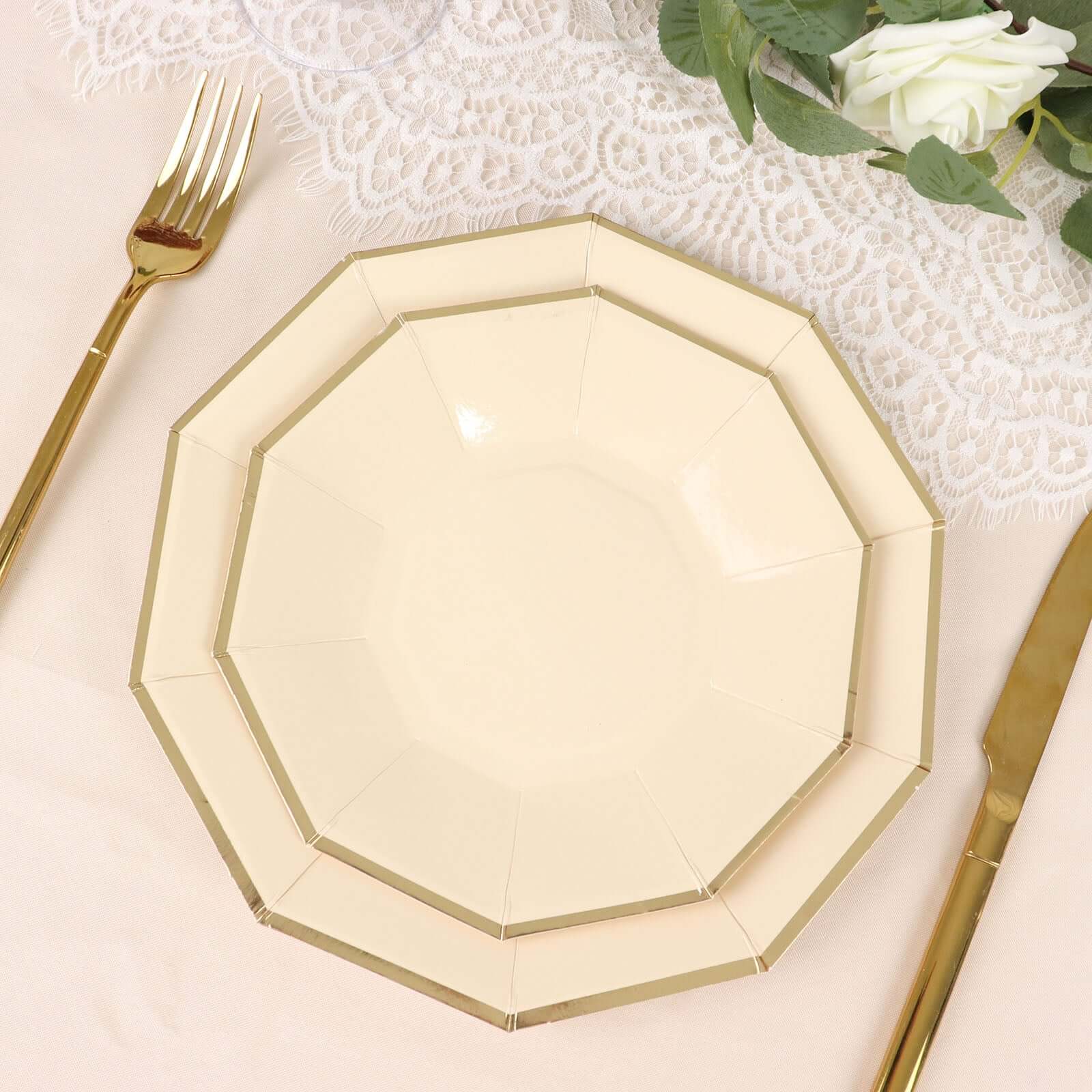 25-Pack Paper Decagon Dinner Plates 9" Beige with Gold Foil Rim - Geometric Disposable Party Plates for Banquets & Celebrations - Image 12
