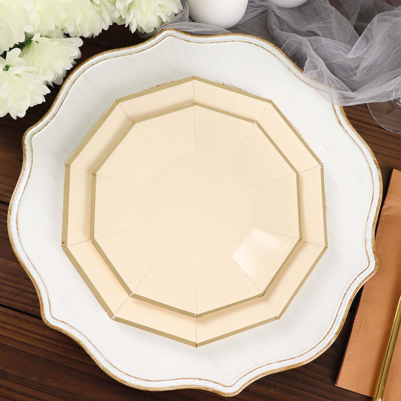 25-Pack Paper Decagon Dinner Plates 9" Beige with Gold Foil Rim - Geometric Disposable Party Plates for Banquets & Celebrations - Image 2