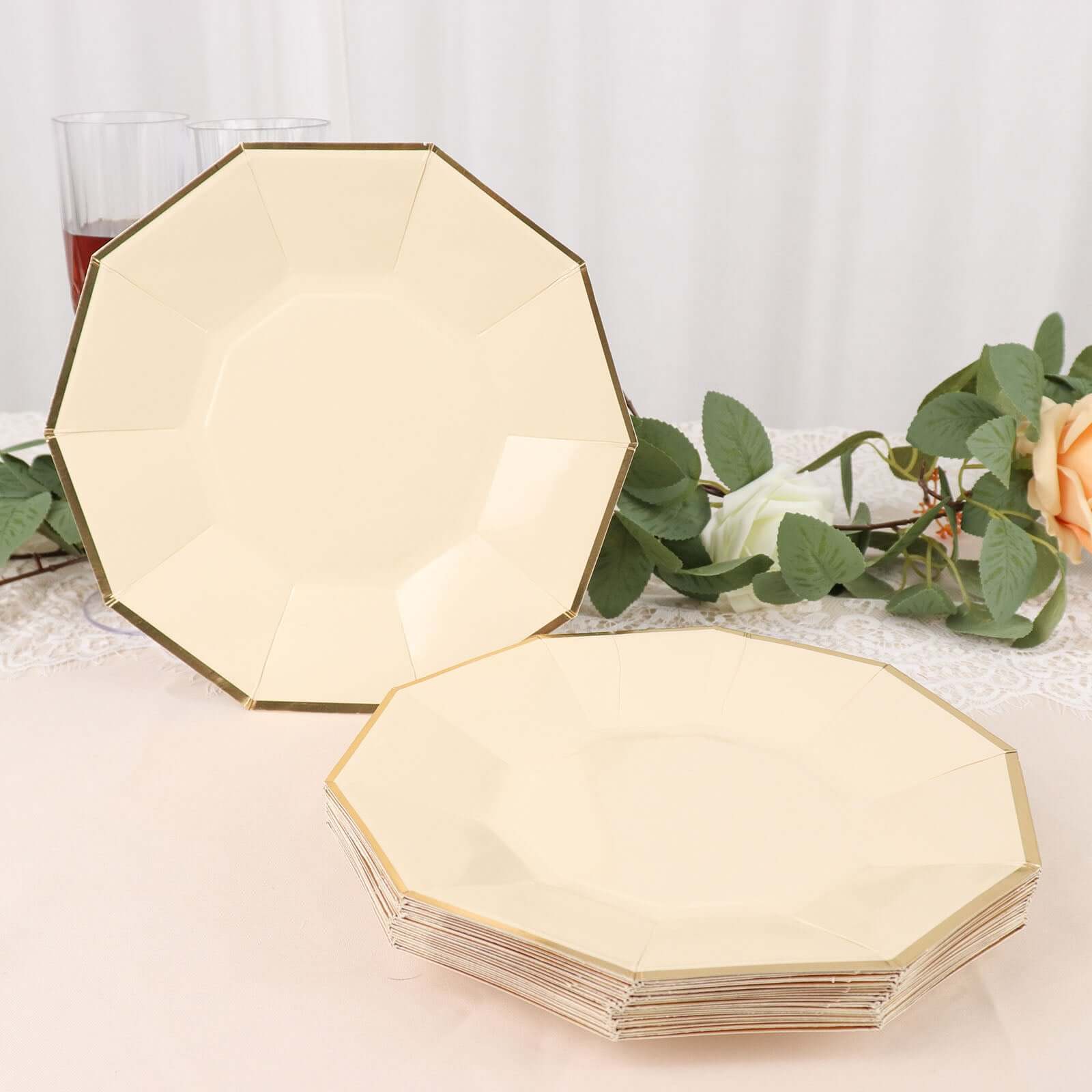25-Pack Paper Decagon Dinner Plates 9" Beige with Gold Foil Rim - Geometric Disposable Party Plates for Banquets & Celebrations - Image 5
