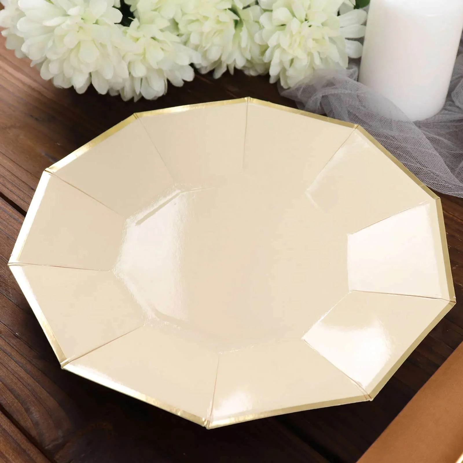 25-Pack Paper Decagon Dinner Plates 9" Beige with Gold Foil Rim - Geometric Disposable Party Plates for Banquets & Celebrations - Image 6
