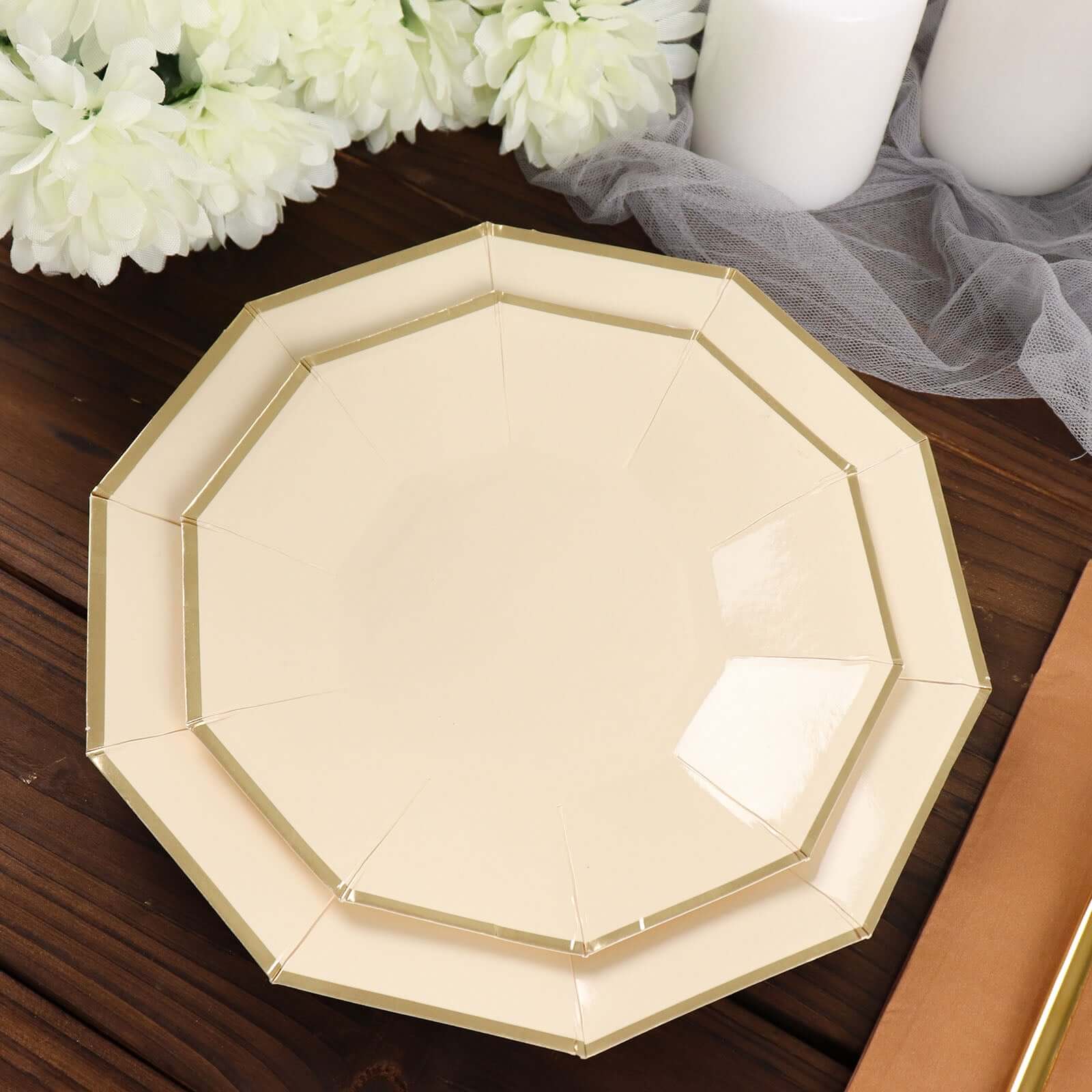 25-Pack Paper Decagon Dinner Plates 9" Beige with Gold Foil Rim - Geometric Disposable Party Plates for Banquets & Celebrations - Image 8