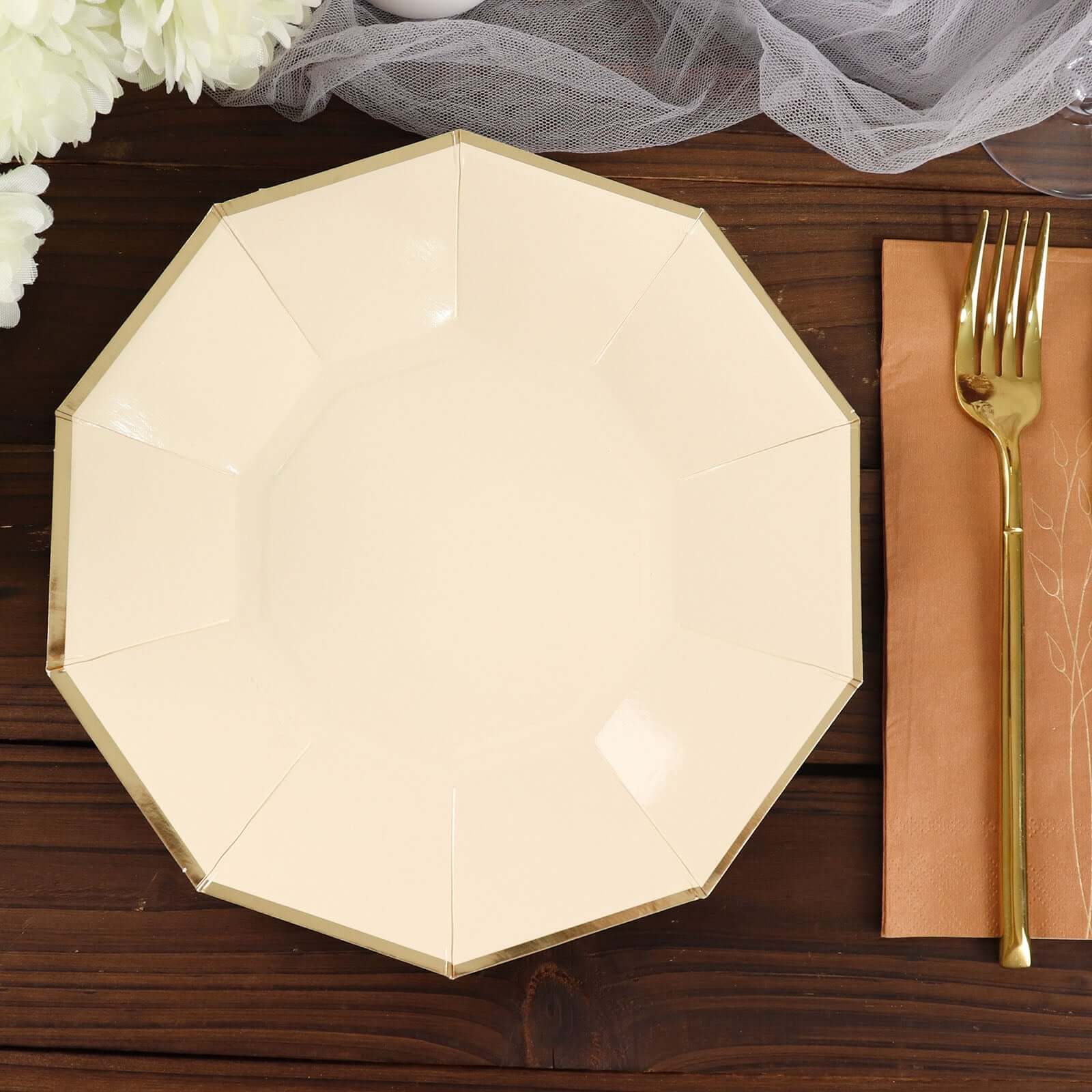25-Pack Paper Decagon Dinner Plates 9" Beige with Gold Foil Rim - Geometric Disposable Party Plates for Banquets & Celebrations - Image 9