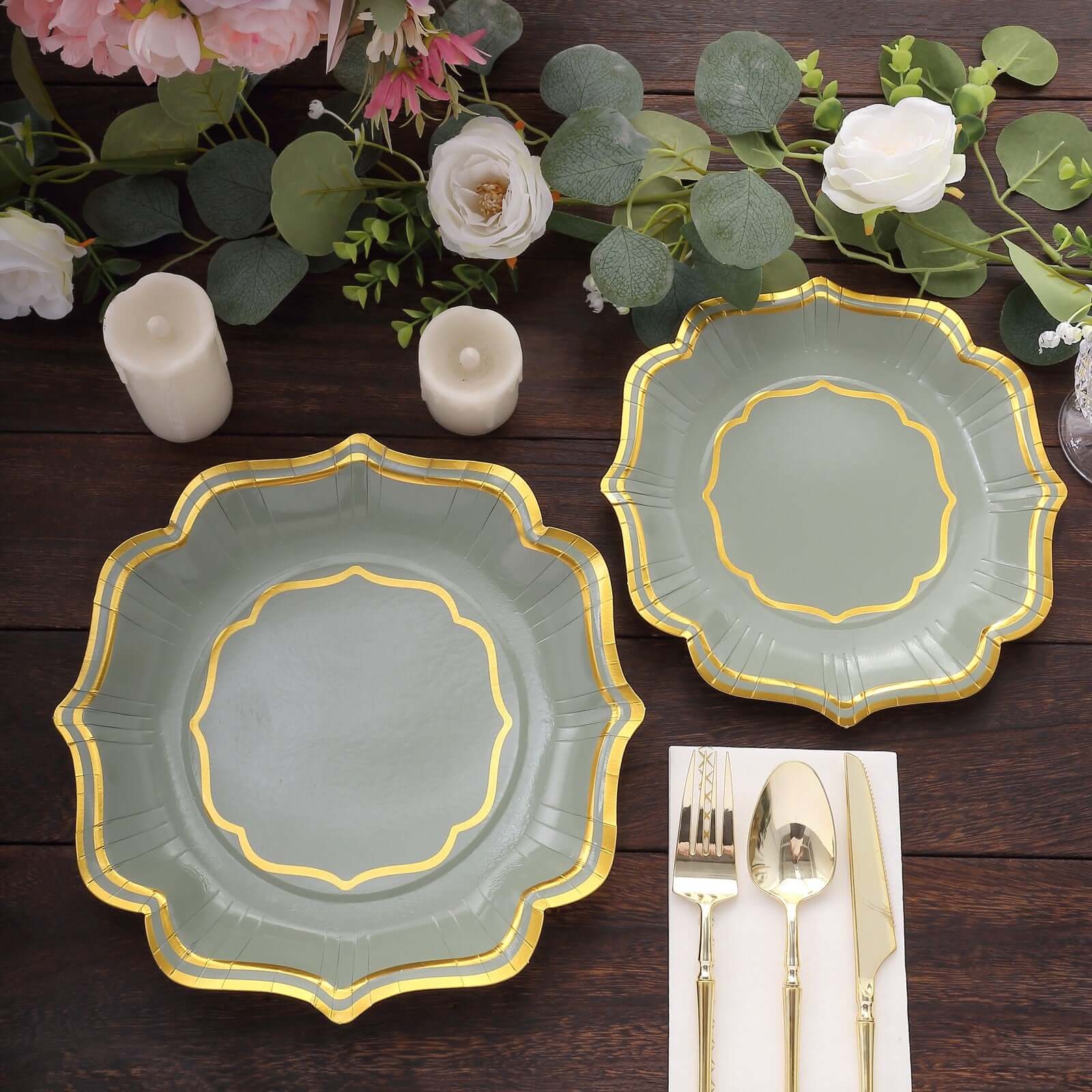 25-Pack Paper Dessert Plates 8" Sage Green with Gold Scallop Rim - 300GSM Disposable Appetizer Salad Plates - Image 8