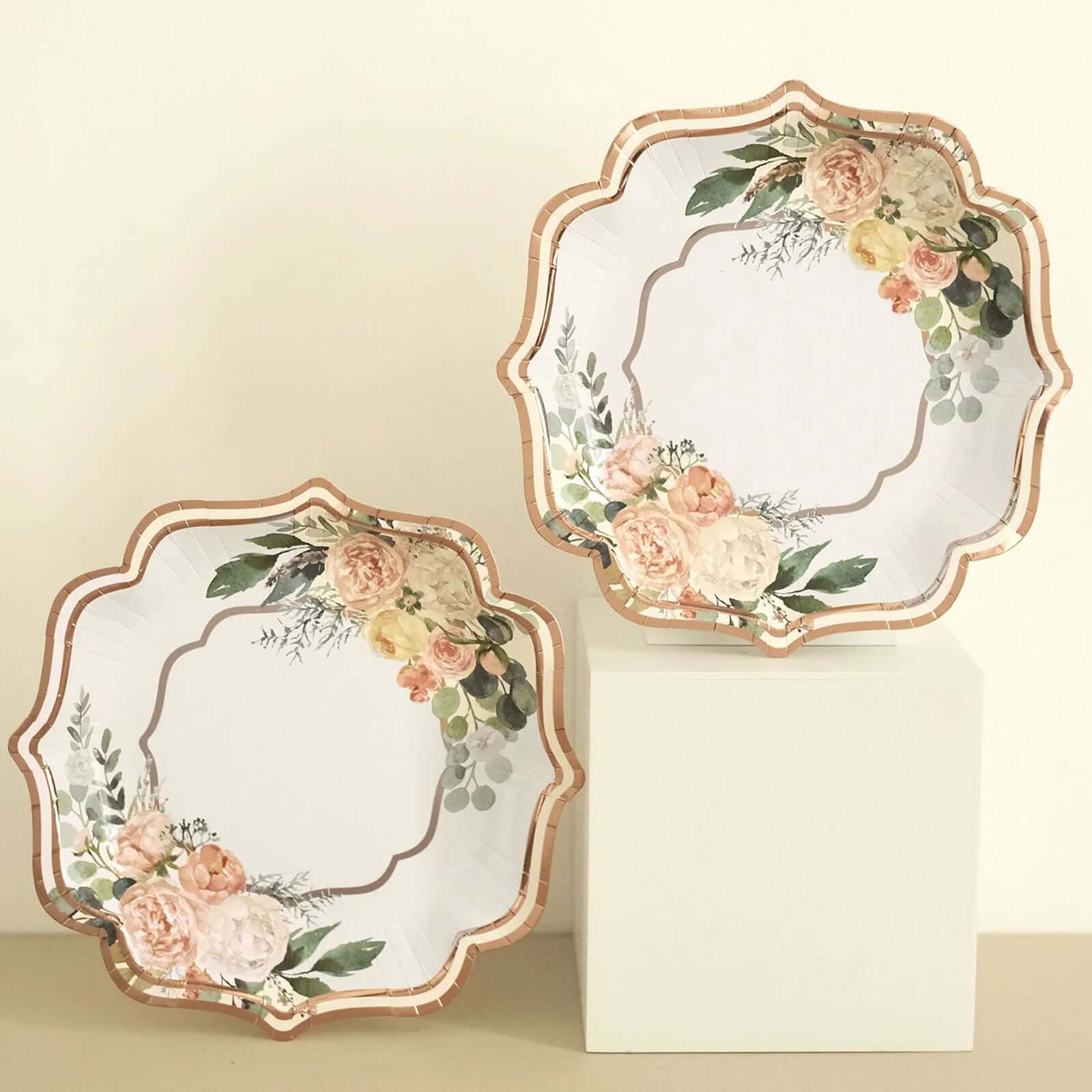 25-Pack Paper Dessert Plates 8" White with Floral Print & Rose Gold Scallop Rim - 300GSM Disposable Appetizer Salad Plates - Image 6