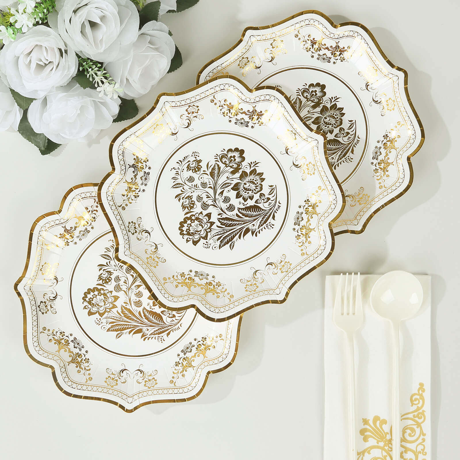 25-Pack Paper Dessert Plates 8" White with Gold Damask Floral Print & Scallop Rim - 300GSM Disposable Floral Salad Appetizer Plates for Chic Weddings & Special Occasions - Image 10
