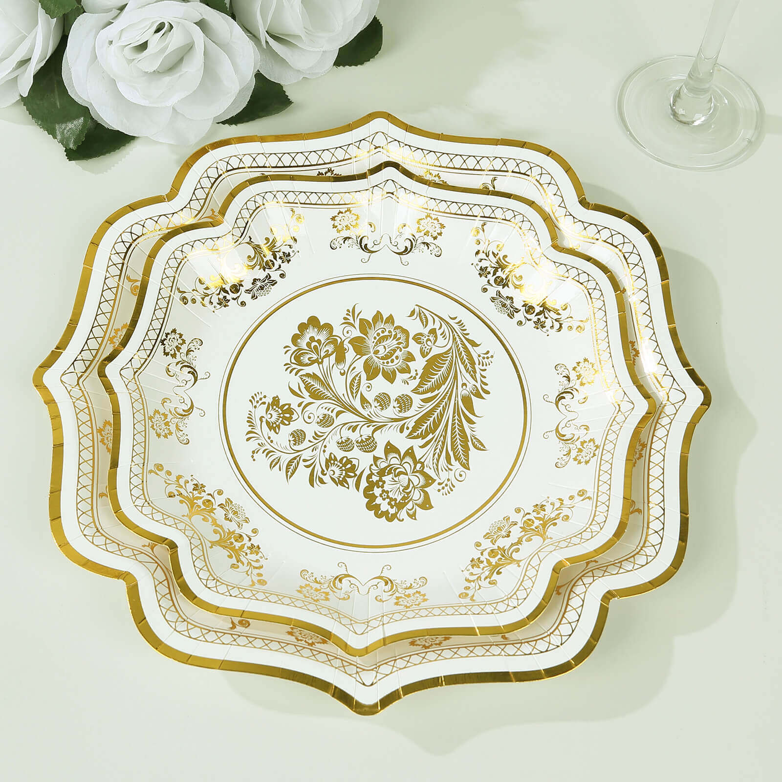 25-Pack Paper Dessert Plates 8" White with Gold Damask Floral Print & Scallop Rim - 300GSM Disposable Floral Salad Appetizer Plates for Chic Weddings & Special Occasions - Image 4