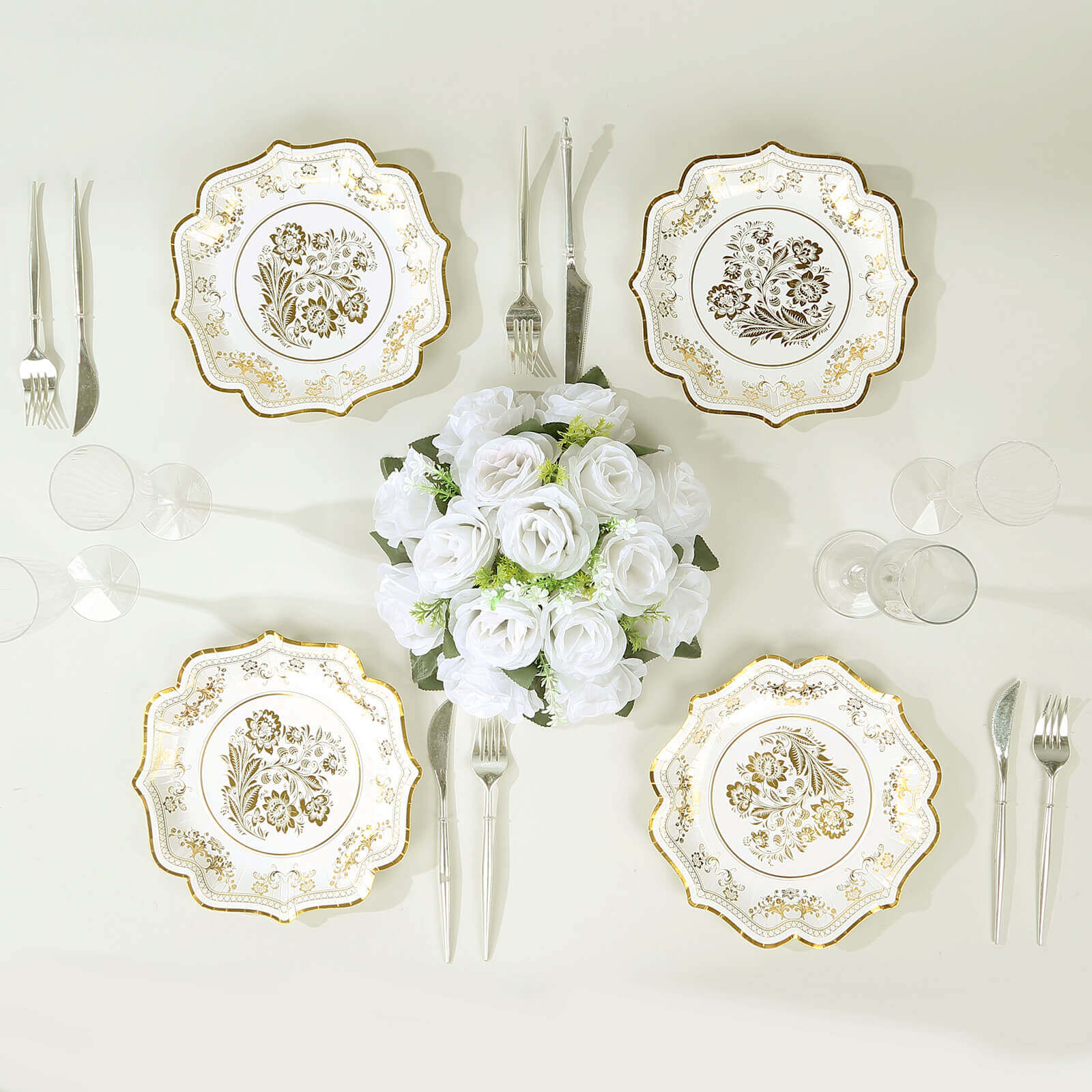 25-Pack Paper Dessert Plates 8" White with Gold Damask Floral Print & Scallop Rim - 300GSM Disposable Floral Salad Appetizer Plates for Chic Weddings & Special Occasions - Image 5