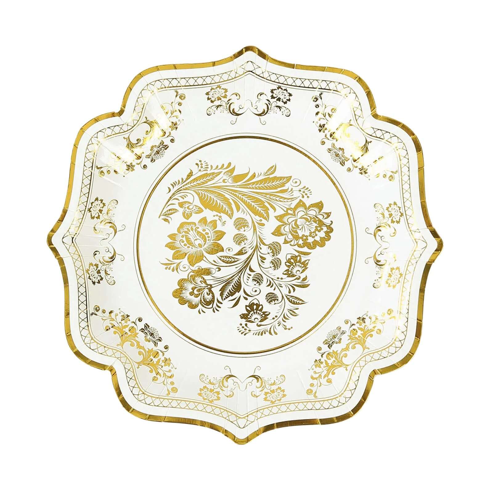 25-Pack Paper Dessert Plates 8" White with Gold Damask Floral Print & Scallop Rim - 300GSM Disposable Floral Salad Appetizer Plates for Chic Weddings & Special Occasions - Image 7