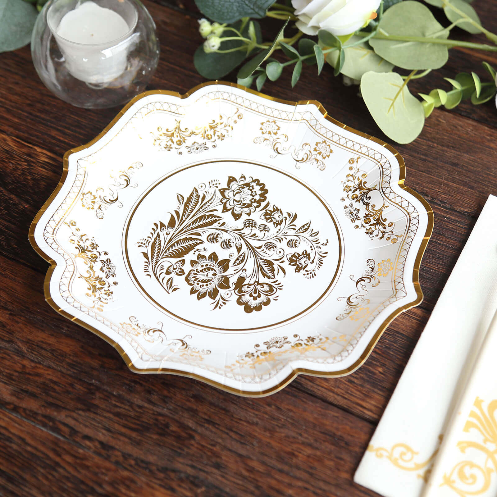 25-Pack Paper Dessert Plates 8" White with Gold Damask Floral Print & Scallop Rim - 300GSM Disposable Floral Salad Appetizer Plates for Chic Weddings & Special Occasions - Image 8