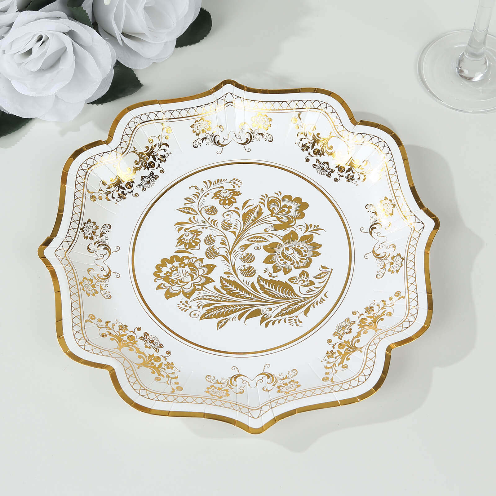 25-Pack Paper Dessert Plates 8" White with Gold Damask Floral Print & Scallop Rim - 300GSM Disposable Floral Salad Appetizer Plates for Chic Weddings & Special Occasions - Image 9