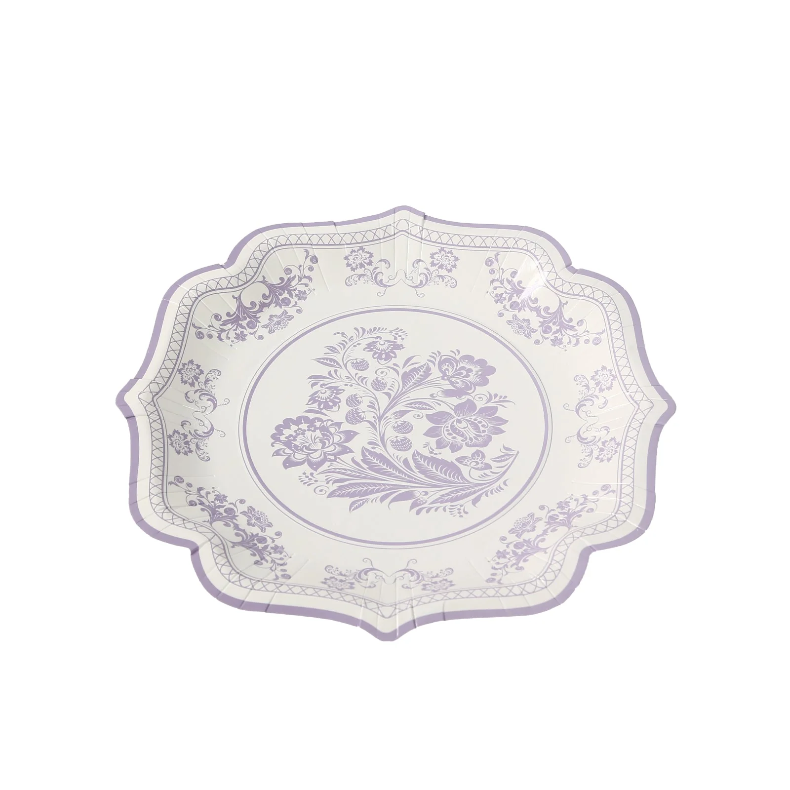 25-Pack Paper Dessert Plates 8" White with Lavender Lilac Damask Floral Print & Scallop Rim - 300GSM Disposable Floral Salad Appetizer Plates - Image 11