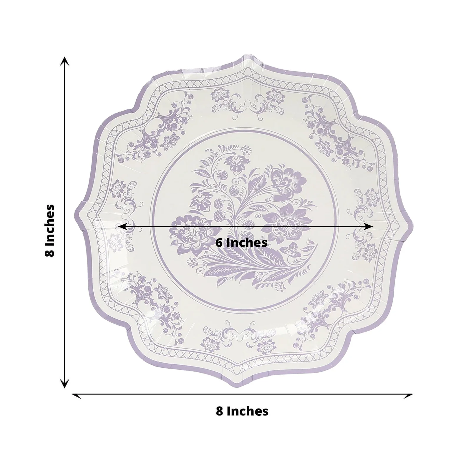 25-Pack Paper Dessert Plates 8" White with Lavender Lilac Damask Floral Print & Scallop Rim - 300GSM Disposable Floral Salad Appetizer Plates - Image 2