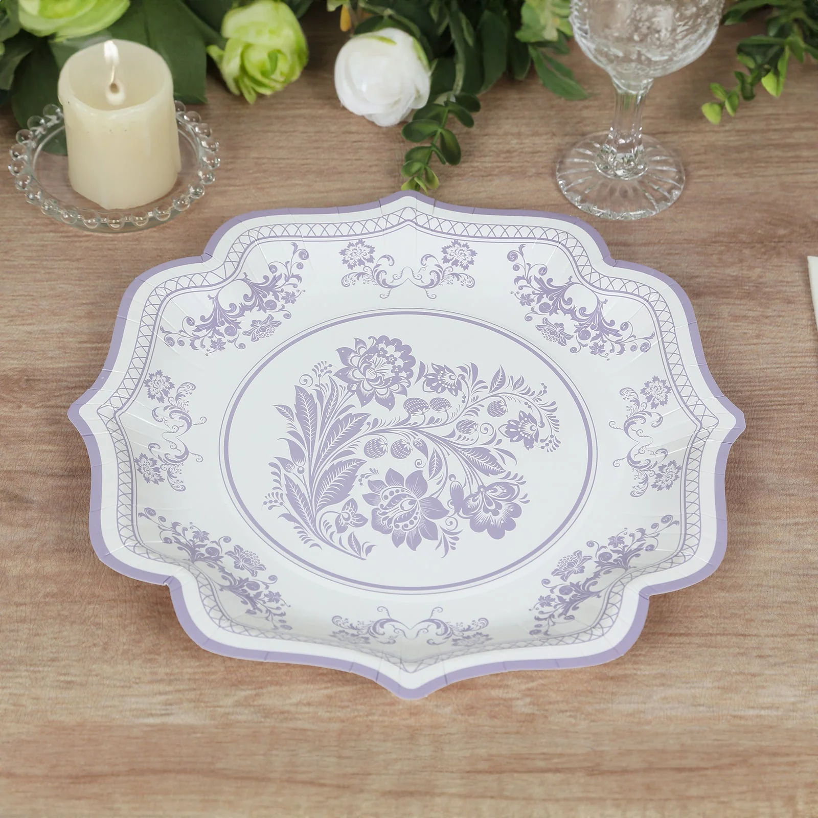25-Pack Paper Dessert Plates 8" White with Lavender Lilac Damask Floral Print & Scallop Rim - 300GSM Disposable Floral Salad Appetizer Plates - Image 4