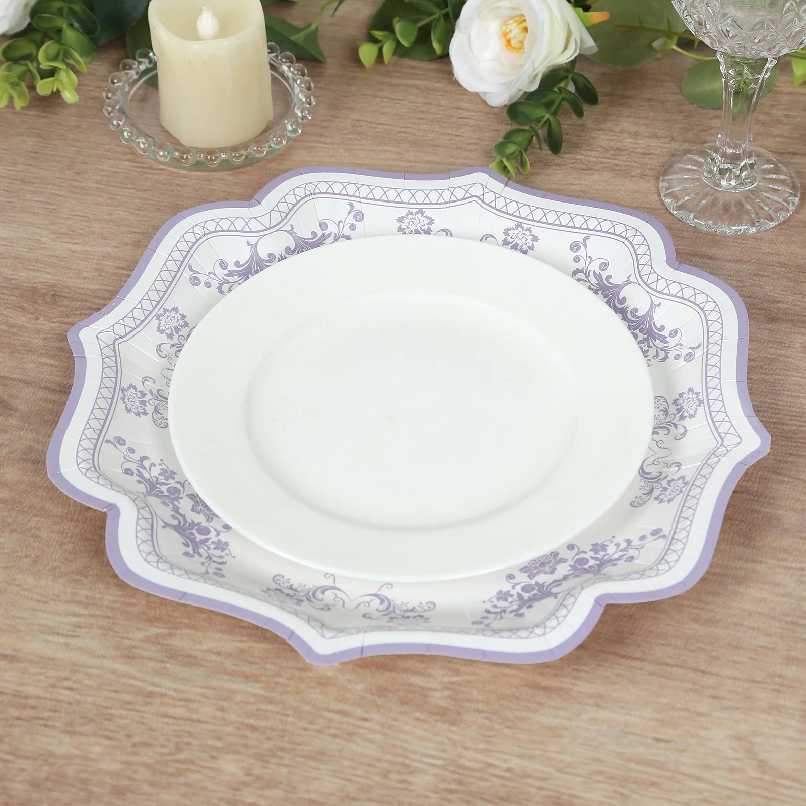 25-Pack Paper Dessert Plates 8" White with Lavender Lilac Damask Floral Print & Scallop Rim - 300GSM Disposable Floral Salad Appetizer Plates - Image 5