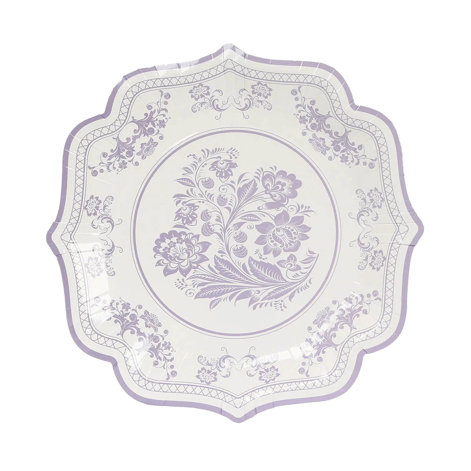 25-Pack Paper Dessert Plates 8" White with Lavender Lilac Damask Floral Print & Scallop Rim - 300GSM Disposable Floral Salad Appetizer Plates - Image 6