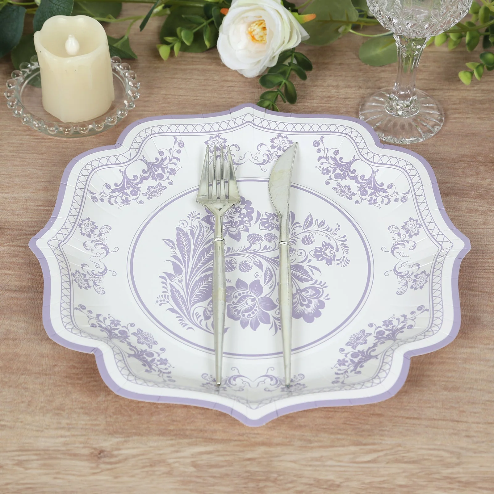 25-Pack Paper Dessert Plates 8" White with Lavender Lilac Damask Floral Print & Scallop Rim - 300GSM Disposable Floral Salad Appetizer Plates - Image 7
