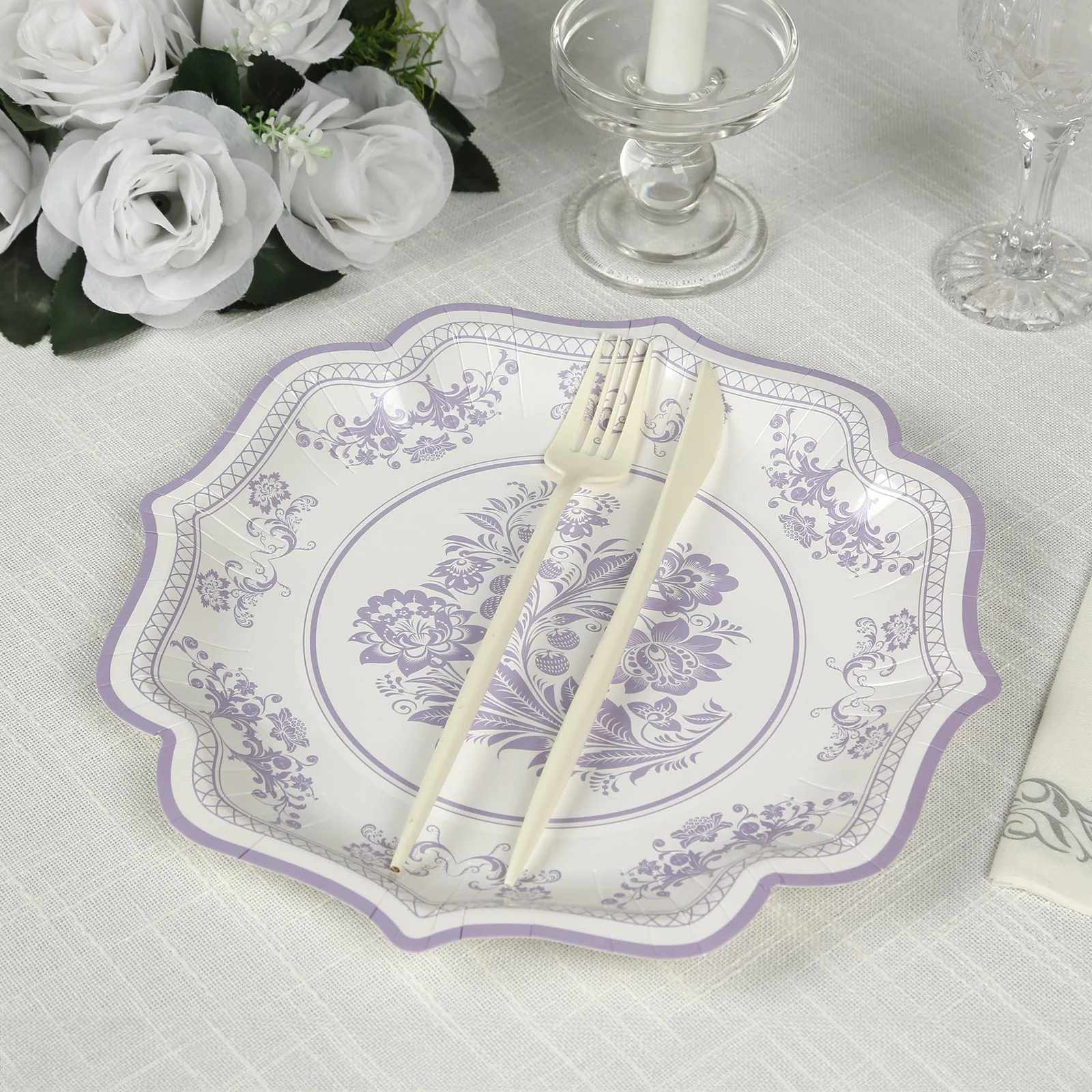 25-Pack Paper Dessert Plates 8" White with Lavender Lilac Damask Floral Print & Scallop Rim - 300GSM Disposable Floral Salad Appetizer Plates - Image 9