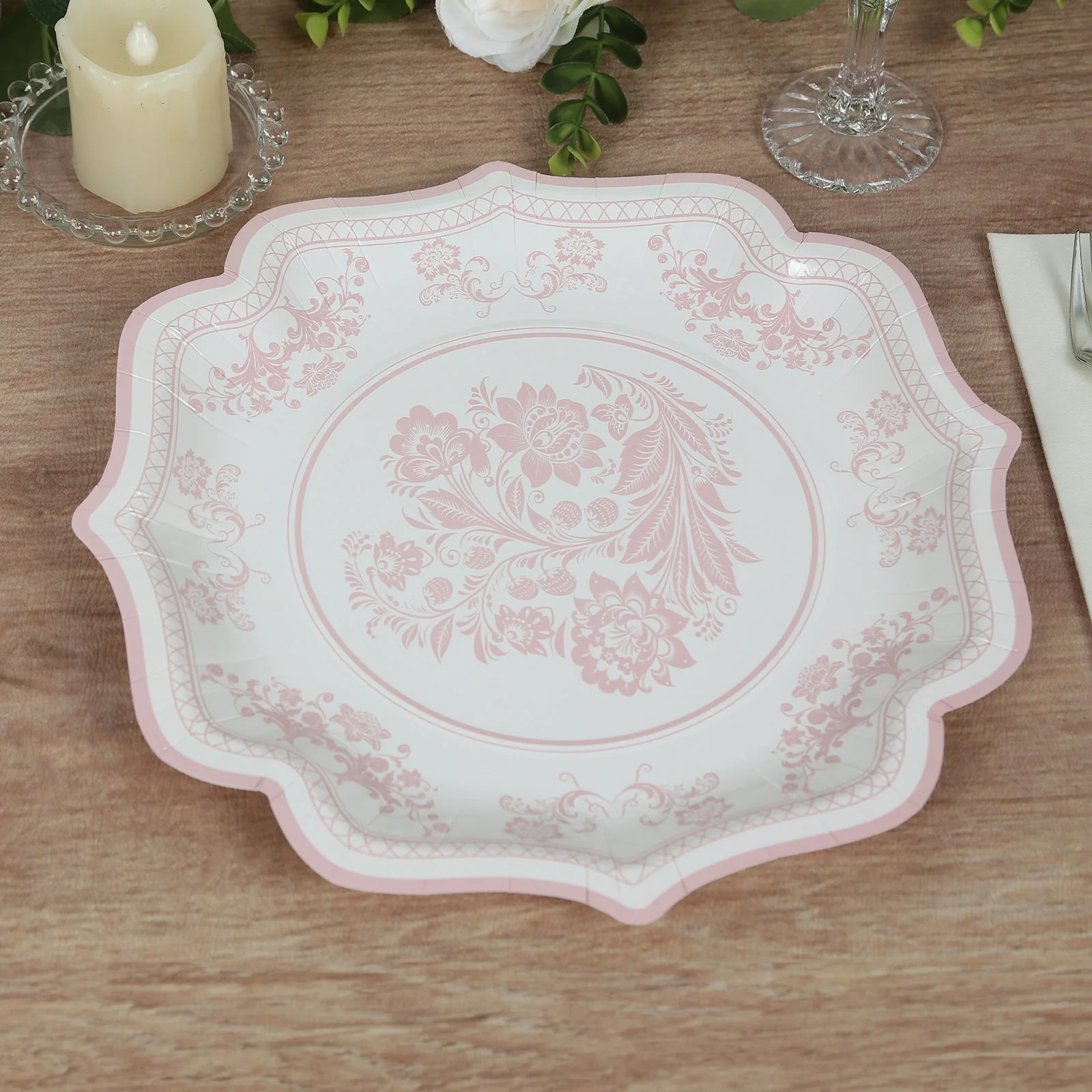 25-Pack Paper Dessert Plates 8" White with Pink Damask Floral Print & Scallop Rim - 300GSM Disposable Floral Salad Appetizer Plates - Image 3