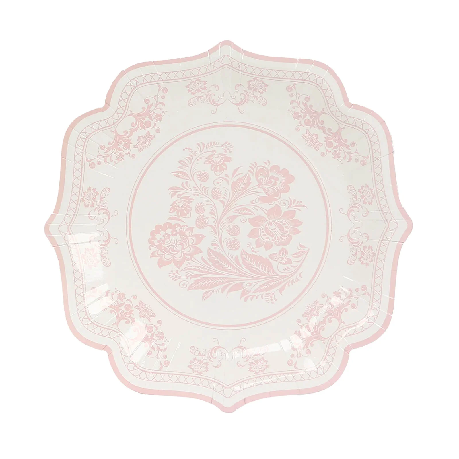 25-Pack Paper Dessert Plates 8" White with Pink Damask Floral Print & Scallop Rim - 300GSM Disposable Floral Salad Appetizer Plates - Image 5