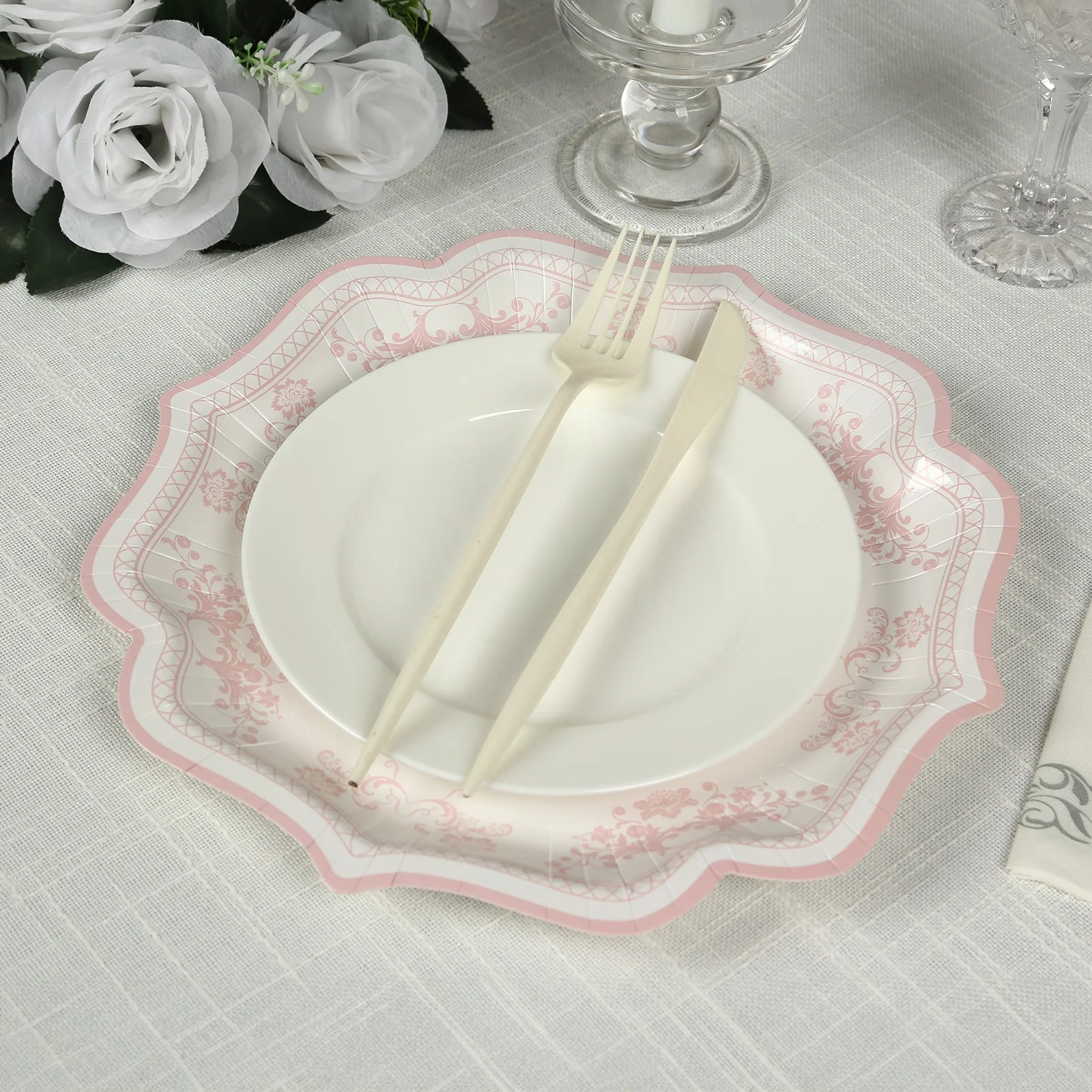 25-Pack Paper Dessert Plates 8" White with Pink Damask Floral Print & Scallop Rim - 300GSM Disposable Floral Salad Appetizer Plates - Image 6